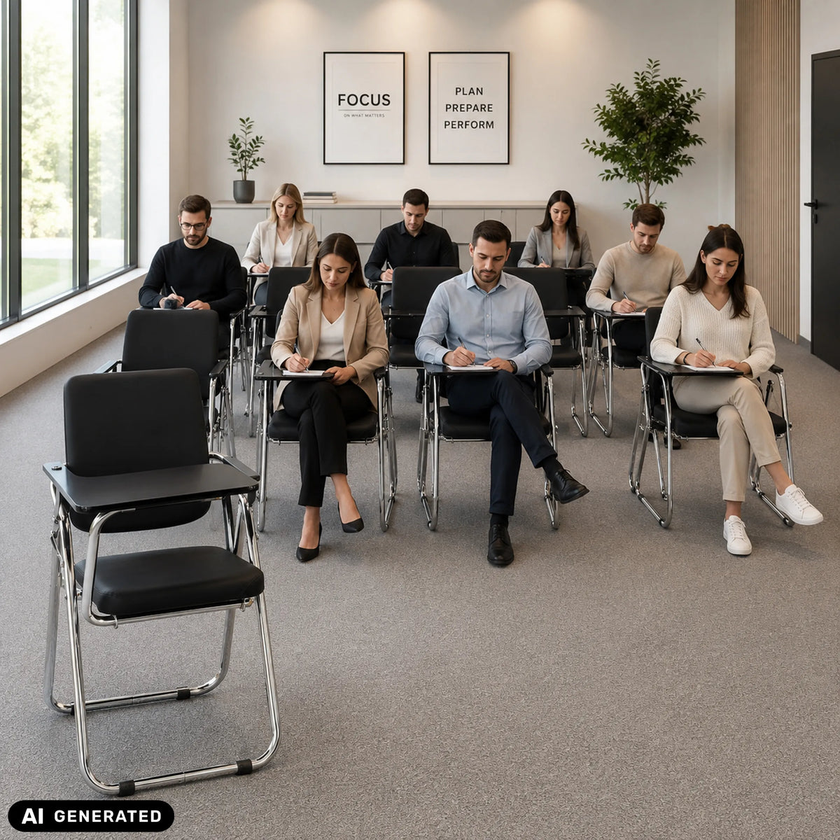 Sedia pieghevole Esto T nera con tavoletta integrata e struttura in metallo in una sala formazione di hjh OFFICE