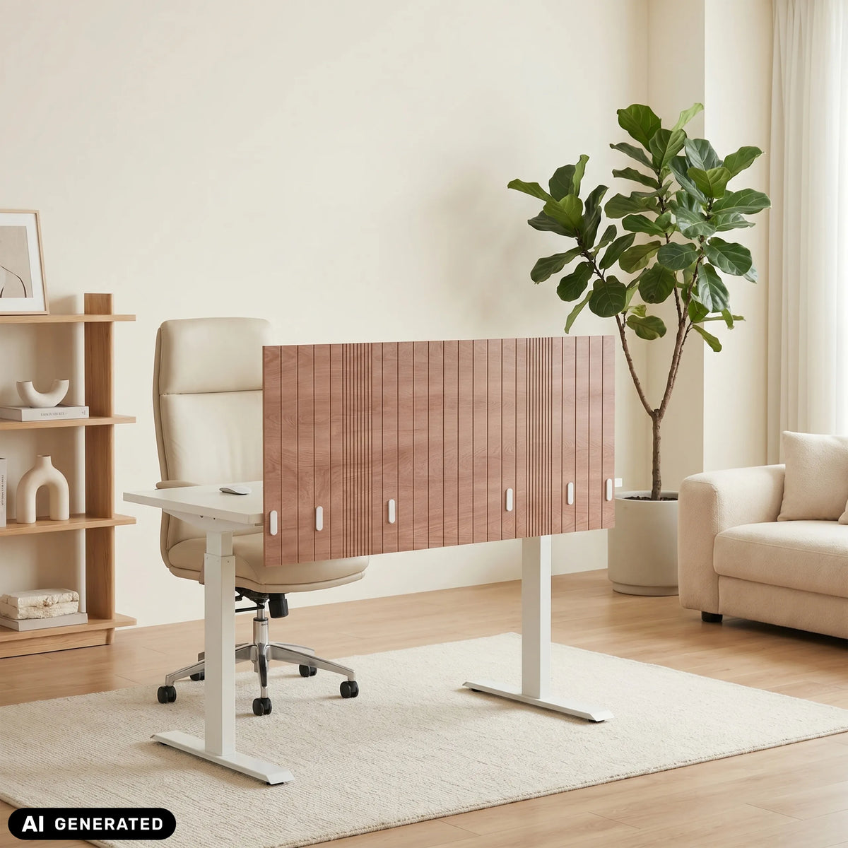Divisorio per scrivania marrone FLEXMIUT ROLL W con scanalature longitudinali su una scrivania bianca di hjh OFFICE