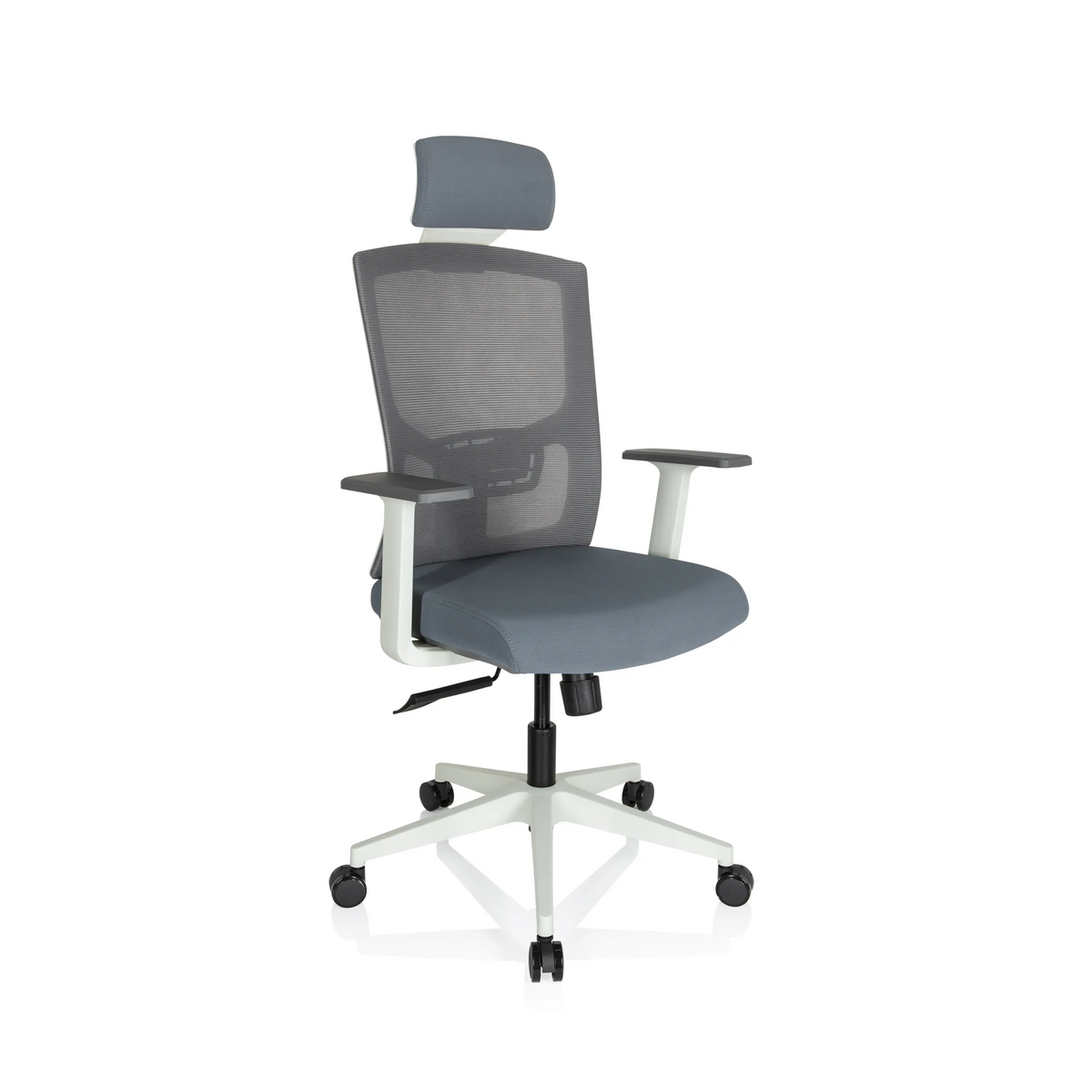Sedia da ufficio professionale CAPTIVO BASE W grigia con schienale a rete, poggiatesta e base bianca di hjh OFFICE – vista a 360° (vista frontale a tre quarti 40°)