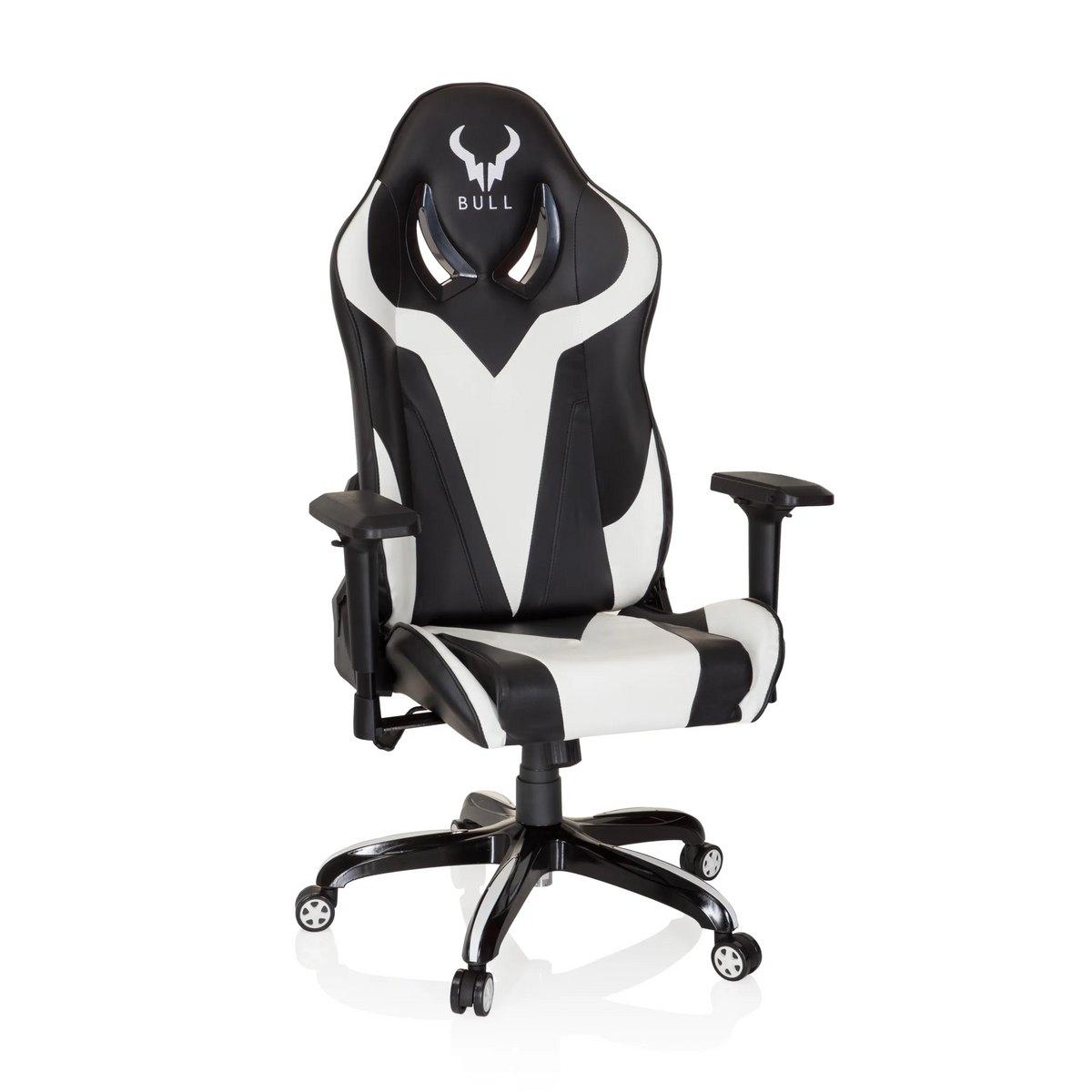 Sedia da gaming PROMOTER I bianca e nera con braccioli e base a cinque ruote di hjh OFFICE – vista a 360° (vista frontale 20°)