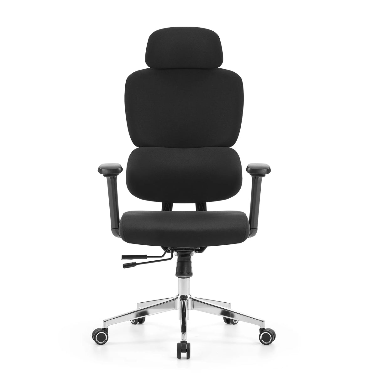 Sedia da ufficio professionale Ergomy F 2 nera con rivestimento in tessuto e base a cinque ruote di hjh OFFICE – vista a 360° (vista frontale 0°)
