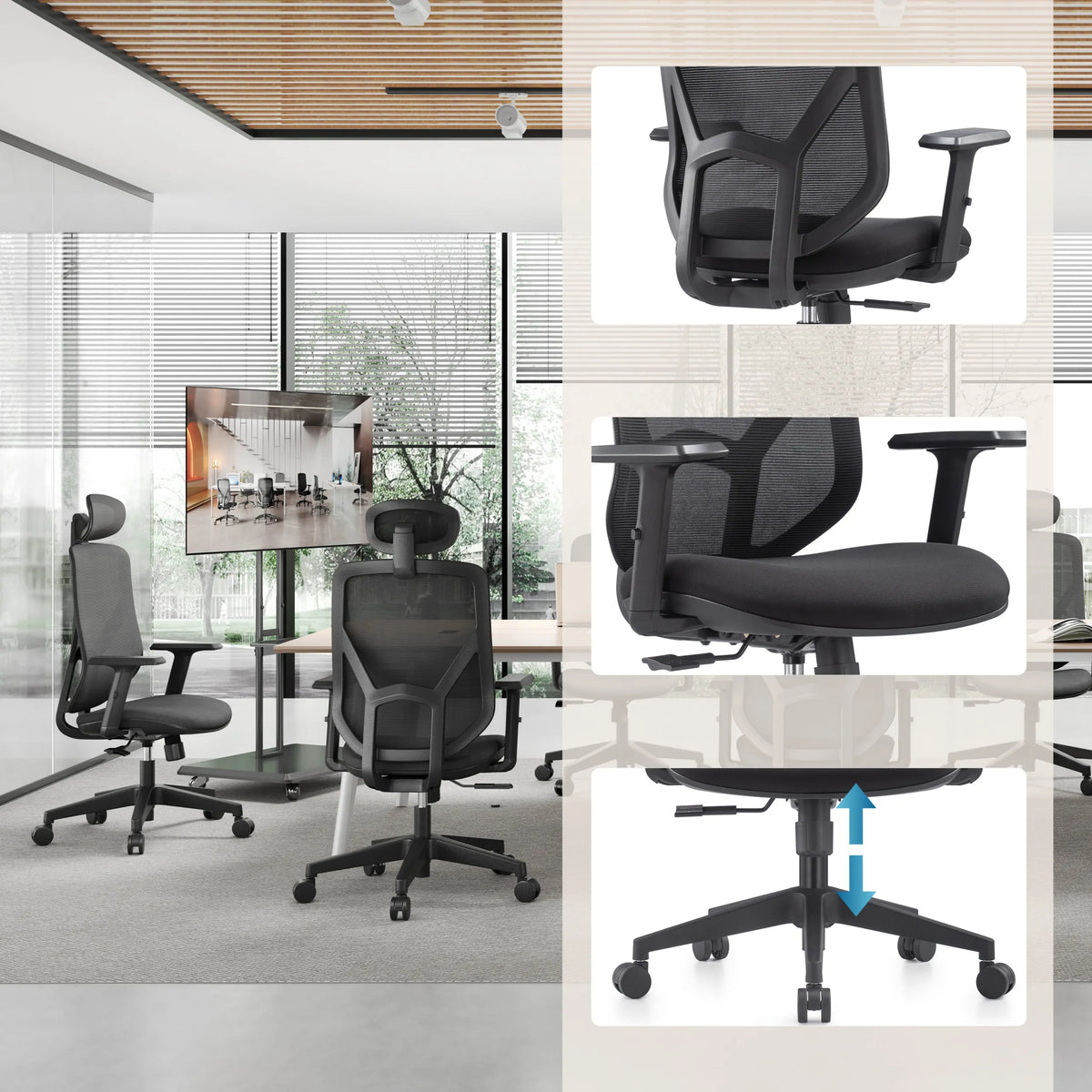 Sedia Home Office BLACORE in nero con braccioli regolabili e base regolabile in altezza di MyBuero