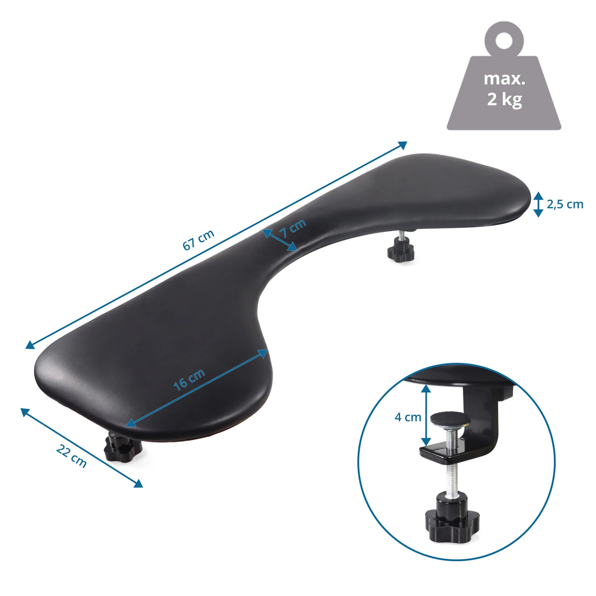 Disegno dimensionale del Bracciolo RELEX RT2 con una lunghezza di 67 cm e capacità di carico fino a 2 kg di hjh OFFICE