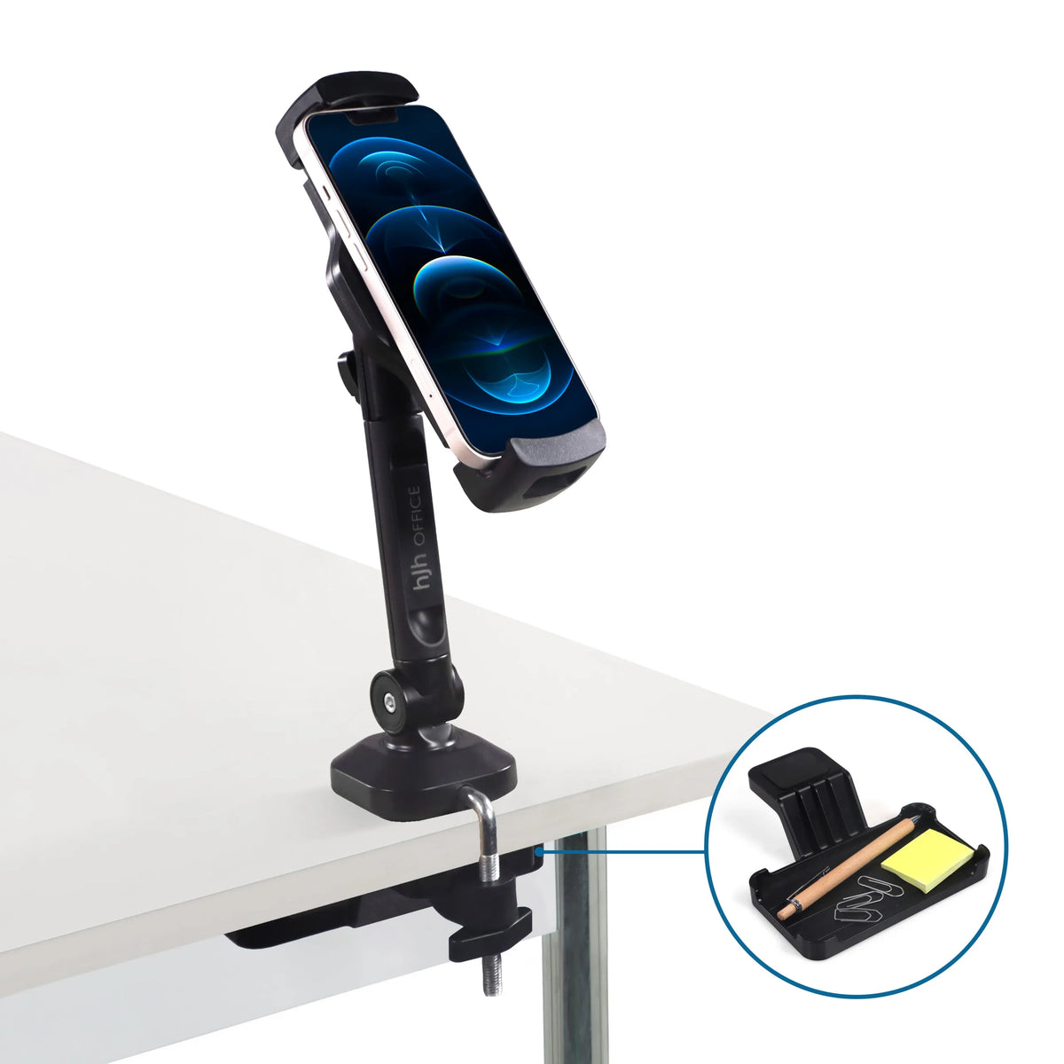 Morsetto da tavolo con vano integrato per penne e note per il Supporto per cellulare e tablet FLEXMOBI III di hjh OFFICE