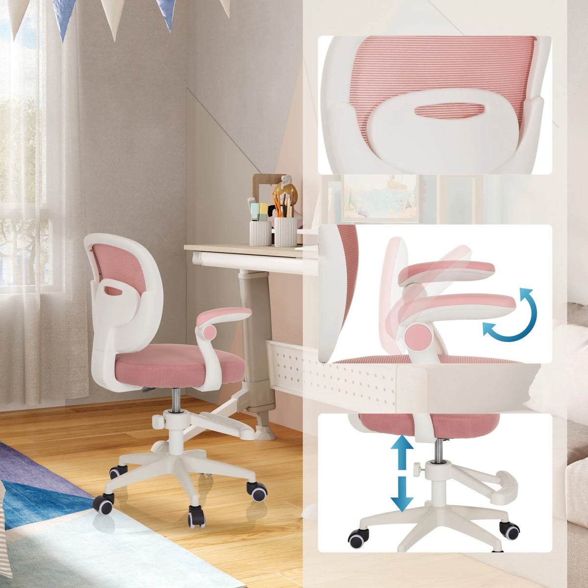 Sedia girevole per bambini KIDDY SMART in rosa con altezza del sedile regolabile e braccioli girevoli di hjh OFFICE