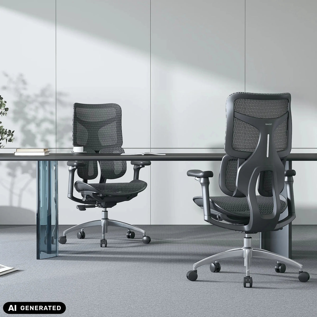Due sedie da ufficio professionali S100-M301 nere con schienale in rete a una scrivania di Sihoo (immagine generata dall’IA)