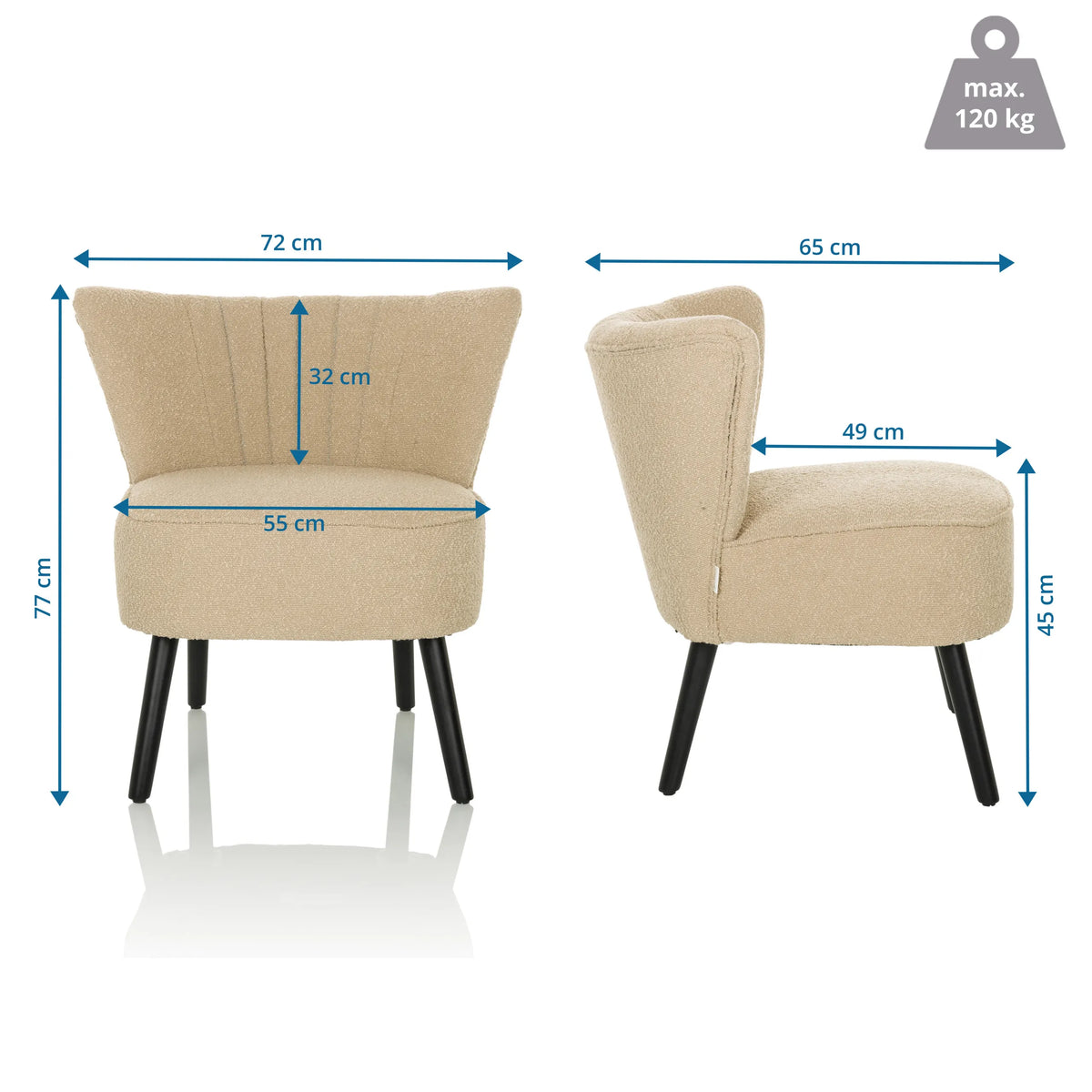 Disegno tecnico della Poltrona Lounge MANISO con larghezza di 72 cm e altezza di 77 cm di hjh LIVING