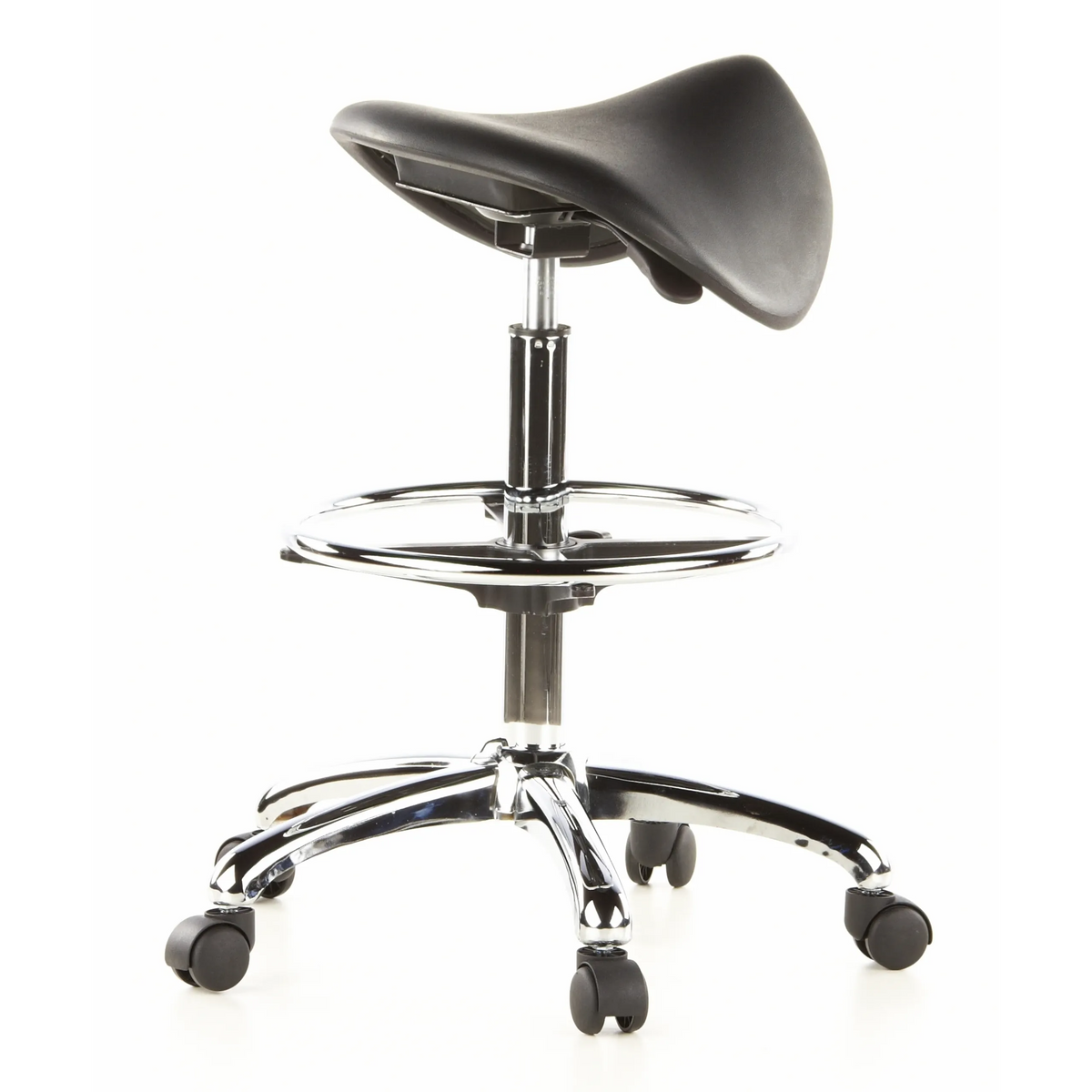 Sgabello a sella TOP WORK 13 nero con poggiapiedi e base a cinque ruote di hjh OFFICE – vista a 360° (vista posteriore a tre quarti 120°)