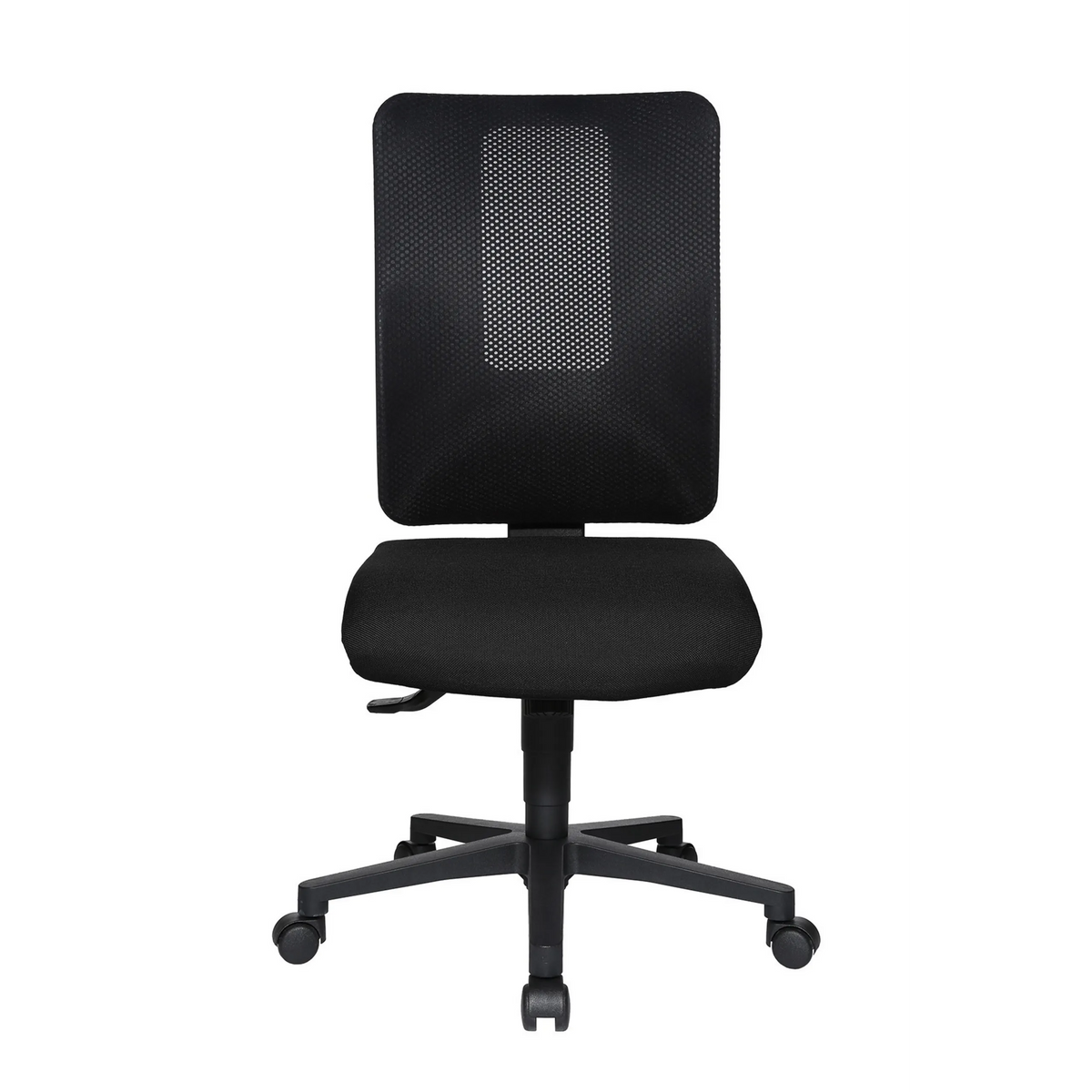 Sedia da ufficio professionale HJH WORK BASIC nera con schienale in rete e base a cinque ruote di Topstar – vista a 360° (vista frontale 0°)