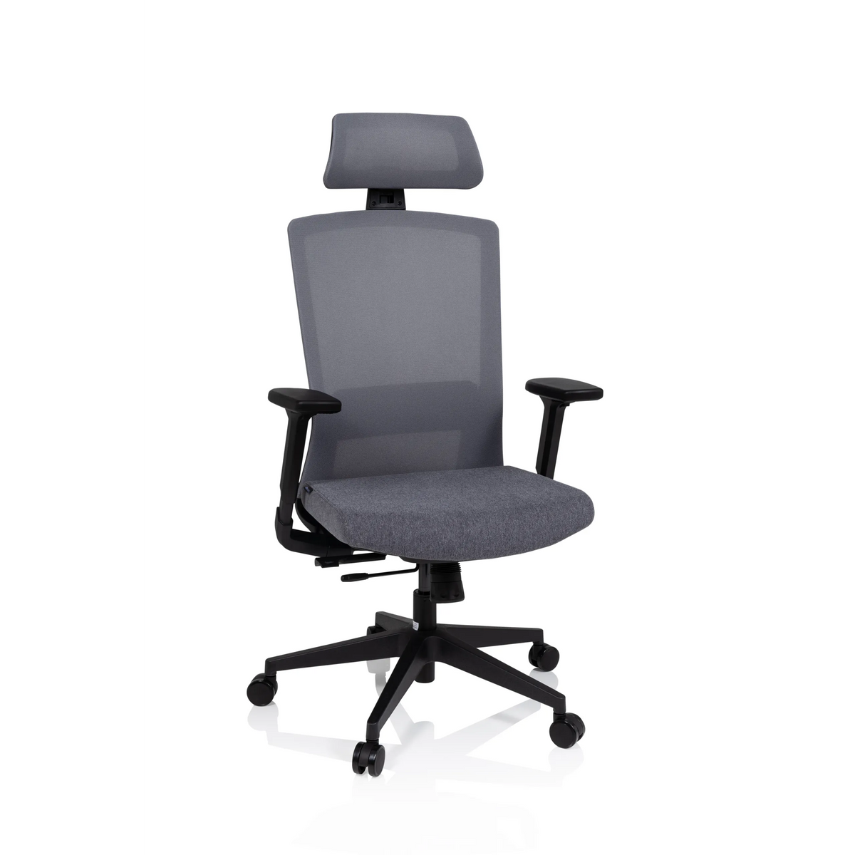 Sedia da ufficio professionale CAPTIVO grigia con schienale in rete, poggiatesta e base a cinque ruote di hjh OFFICE – vista a 360° (vista frontale 20°)