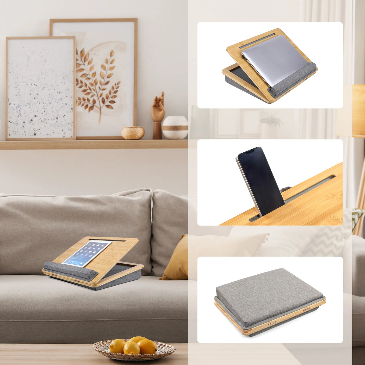 Supporto per laptop COMFILAP III in legno marrone con imbottitura grigia e supporto per smartphone di hjh OFFICE