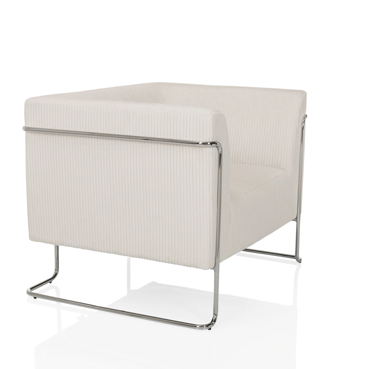 Poltrona Lounge Curacao Cord bianca con rivestimento a coste e struttura cromata di hjh LIVING – vista a 360° (vista frontale a tre quarti 60°)