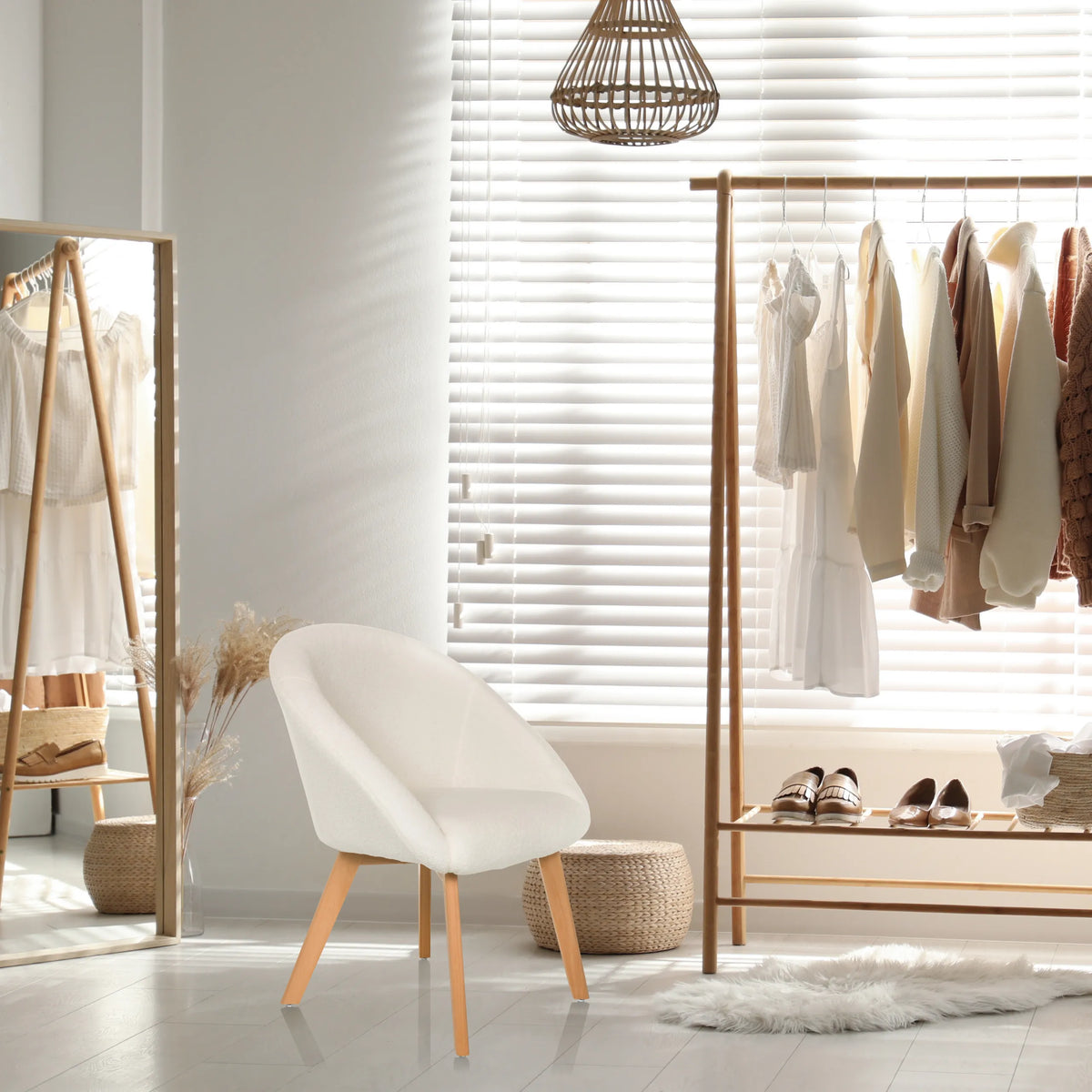 Sedia imbottita bianca SCANDI TED con gambe in legno chiaro in una stanza luminosa di hjh LIVING