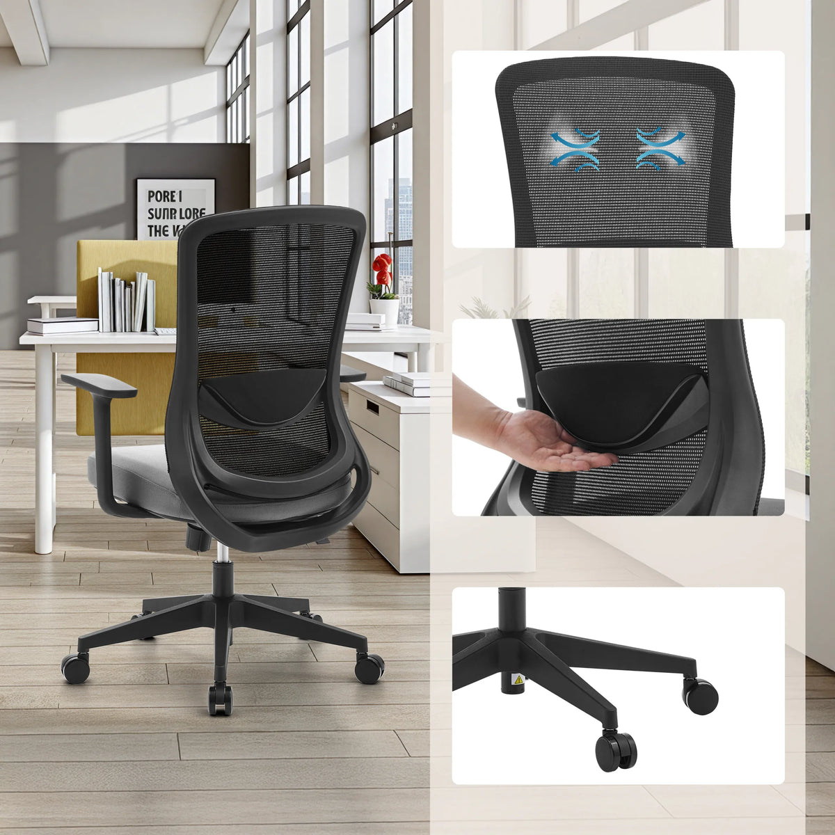 Sedia Home Office Sedito nero-grigia con schienale in rete, supporto lombare e ruote di hjh OFFICE