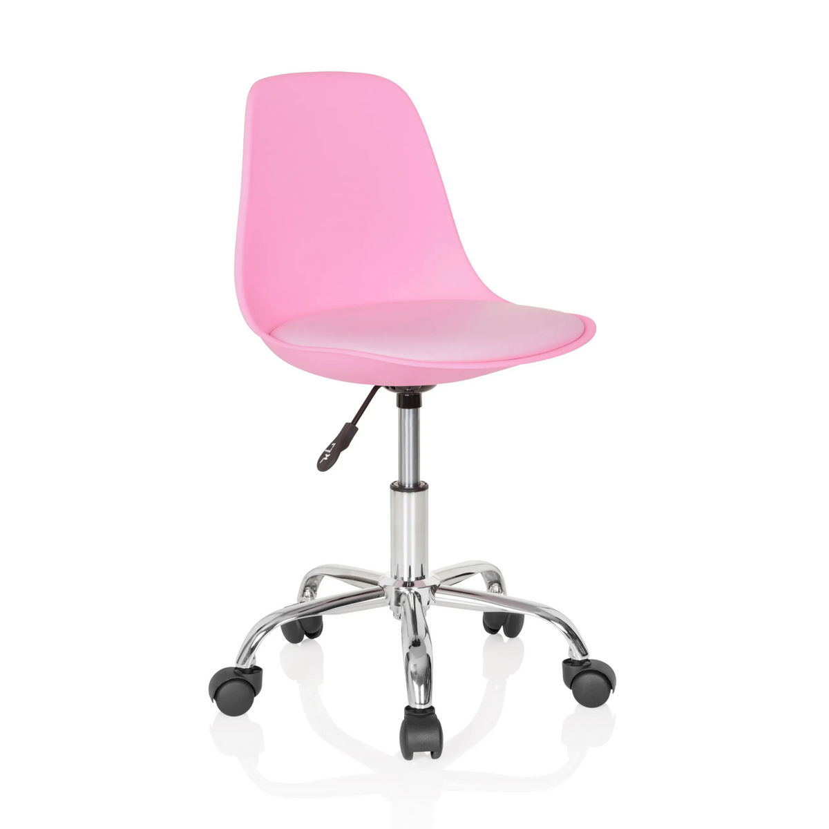 Sedia girevole per bambini FANCY II rosa con scocca curva e base a cinque ruote di hjh OFFICE – vista a 360° (vista frontale a tre quarti 40°)