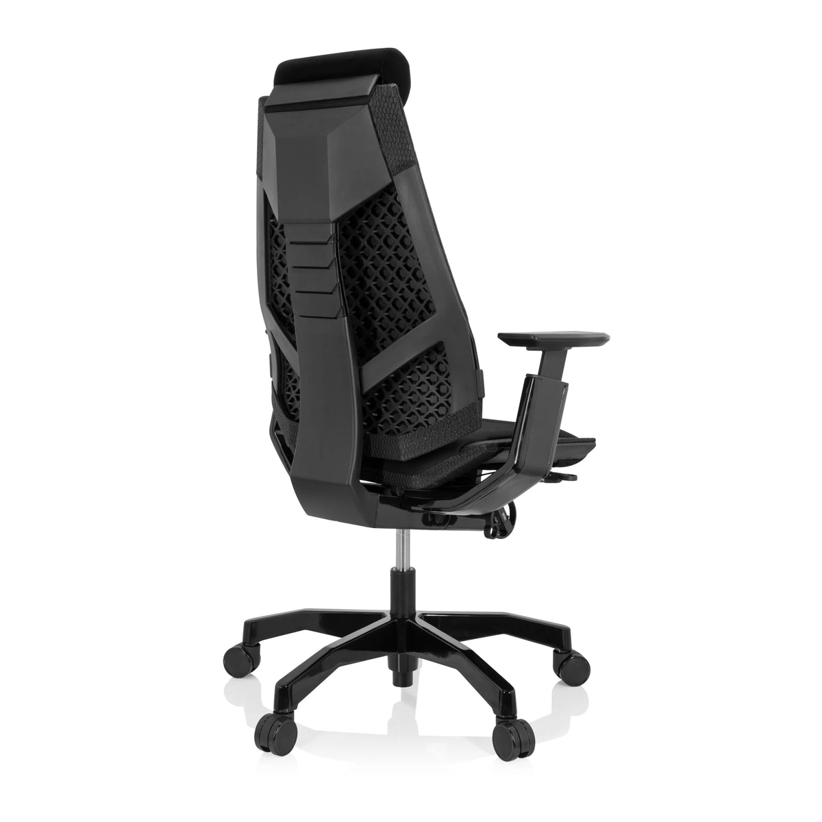 High-end Sedia da ufficio GENIDIA BLACK nera con rivestimento in tessuto e base a cinque ruote di hjh OFFICE – vista a 360° (vista posteriore a tre quarti 140°)