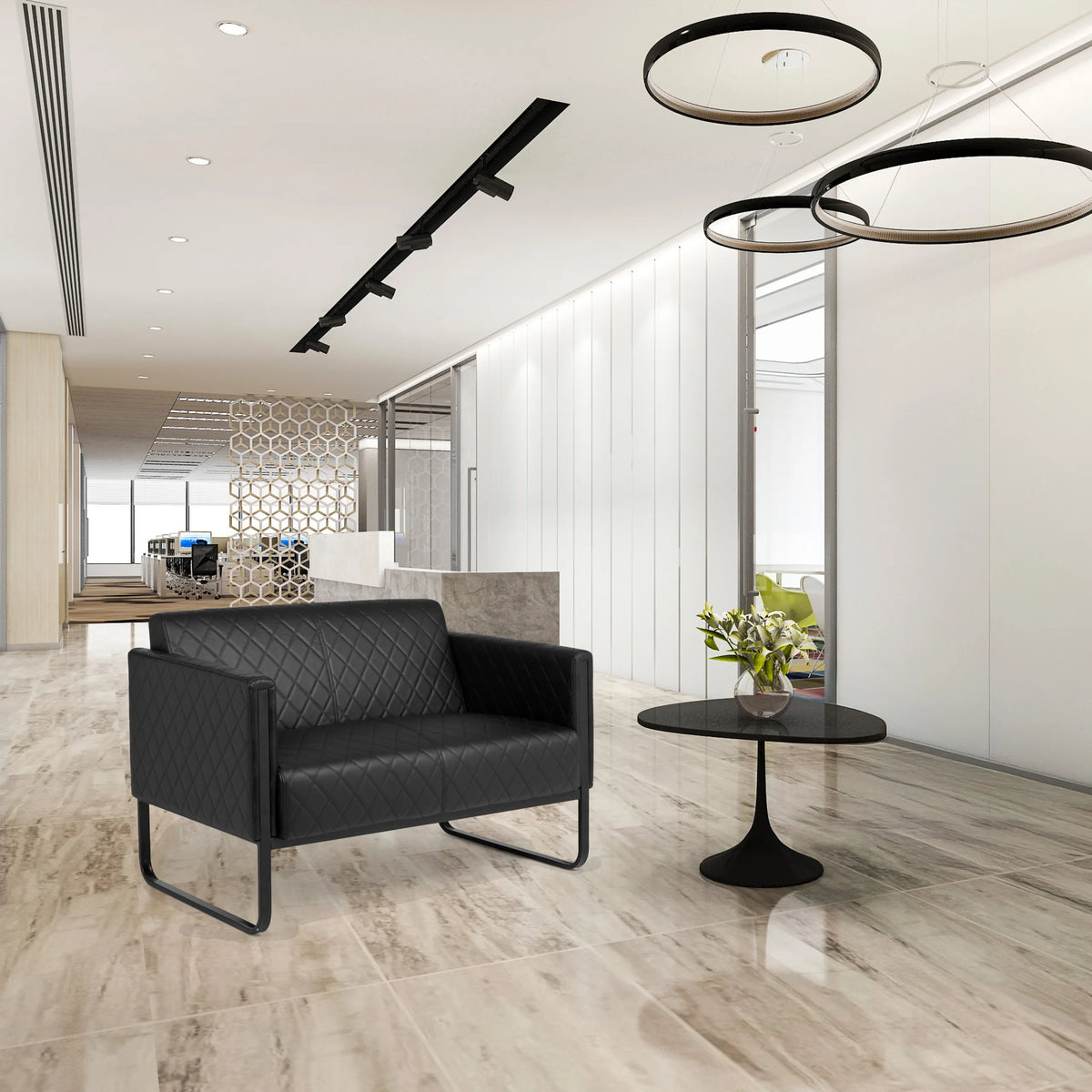 Sofà lounge a 2 posti ARUBA BLACK nero con trapuntatura a rombi e struttura in metallo di hjh OFFICE