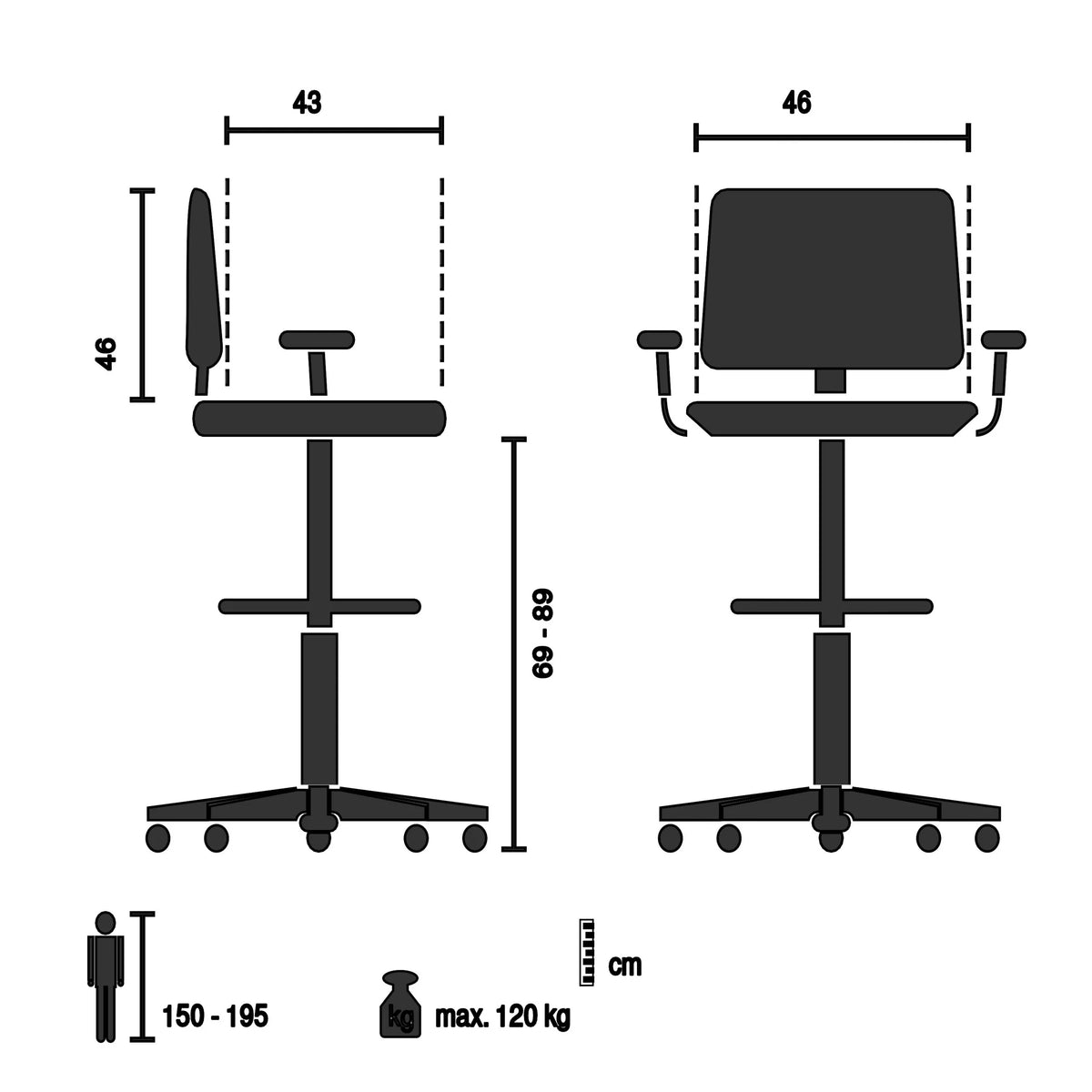 Disegno tecnico della Sedia da banco TOP WORK 108 W con un'altezza della seduta da 69 a 89 cm di hjh OFFICE