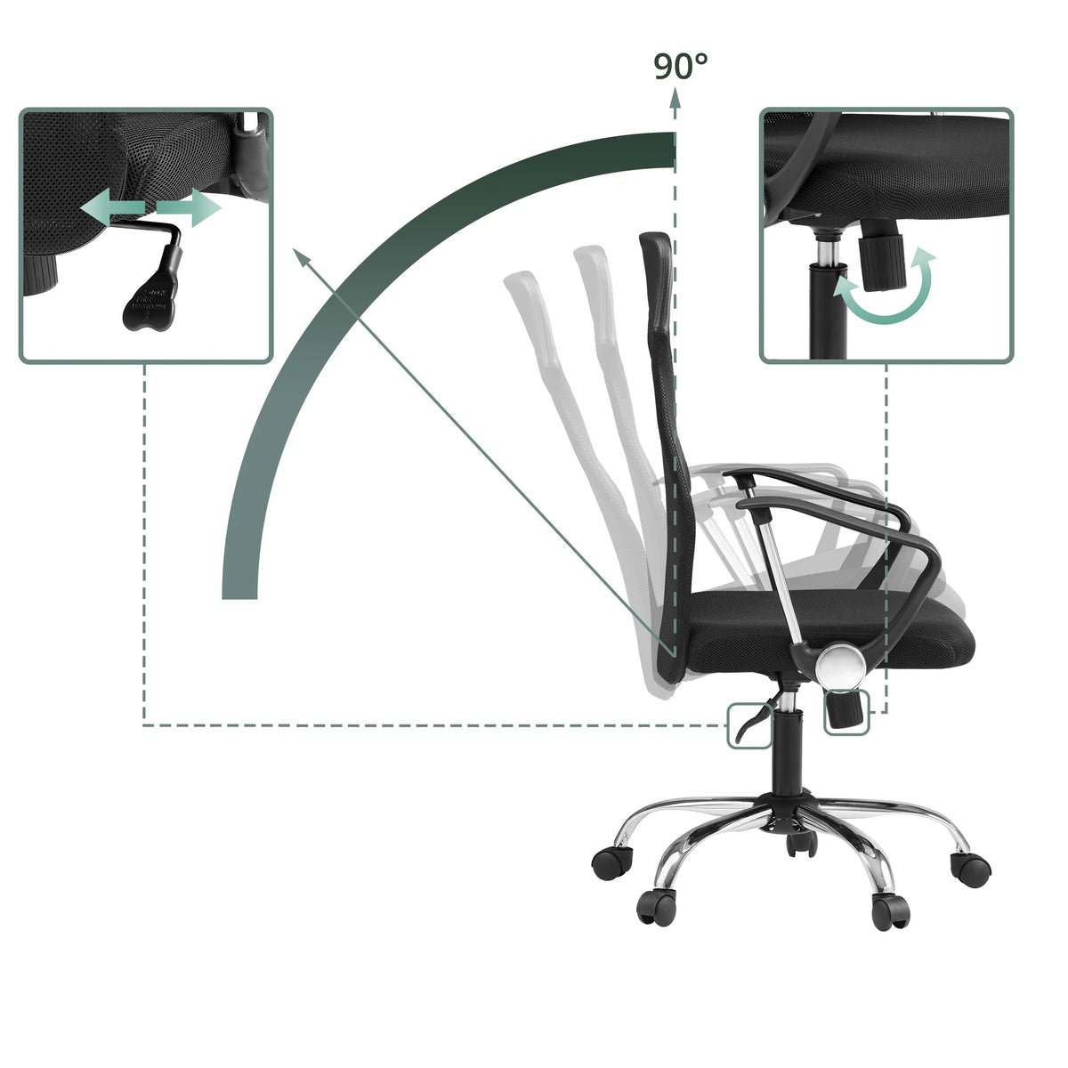 Meccanismi di regolazione e inclinazione a 90 gradi della Poltrona Home Office PURE NET di hjh OFFICE
