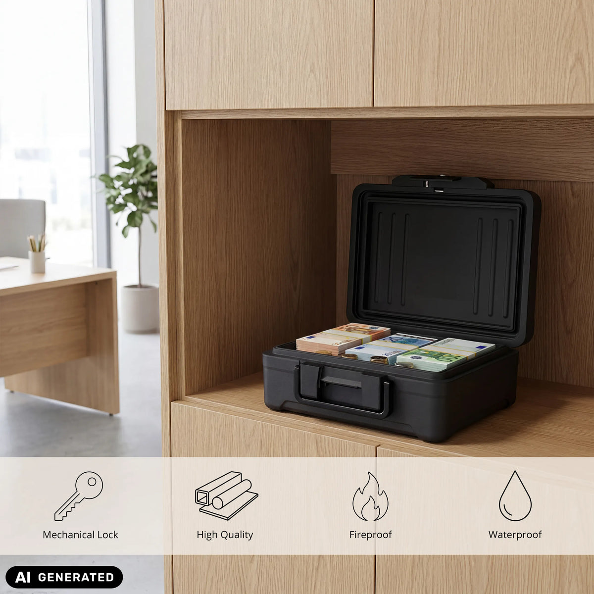 Cassaforte nera aperta Safe Compact Slim con mazzette di soldi su uno scaffale in legno di hjh OFFICE (immagine generata dall’IA)