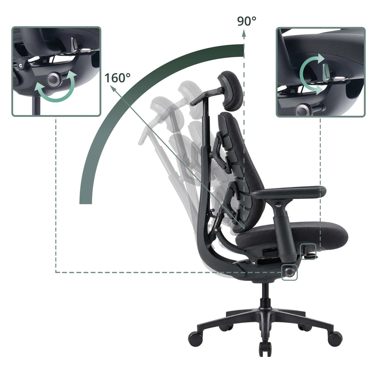 Schienale regolabile della sedia da ufficio LiberNovo Maxis Airflow con angolo di inclinazione da 90° a 160° di Libernovo