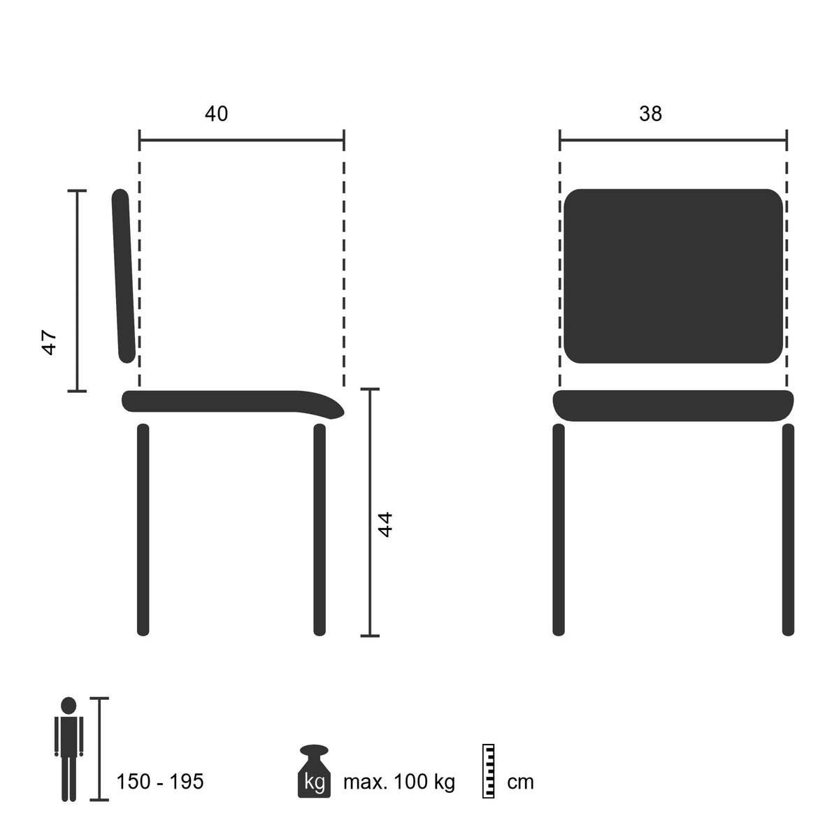 Disegno tecnico della Sedia pieghevole ESTO con un'altezza della seduta di 44 cm di hjh OFFICE