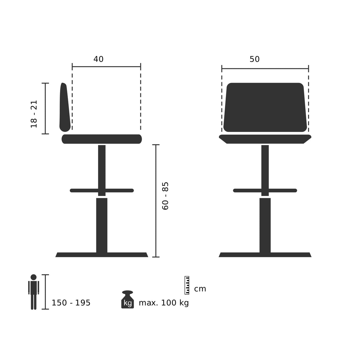 Disegno tecnico della Sedia da banco WORK MF con un'altezza della seduta da 60 a 85 cm di hjh OFFICE
