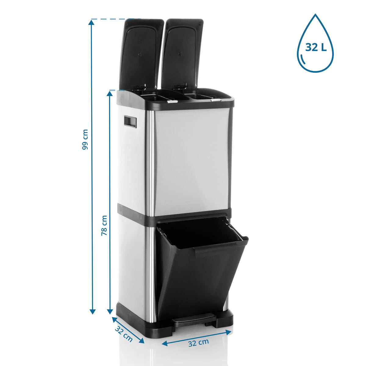 Disegno tecnico del cestino CLEAN VII con un'altezza di 99 cm e un volume di 32 L di hjh OFFICE