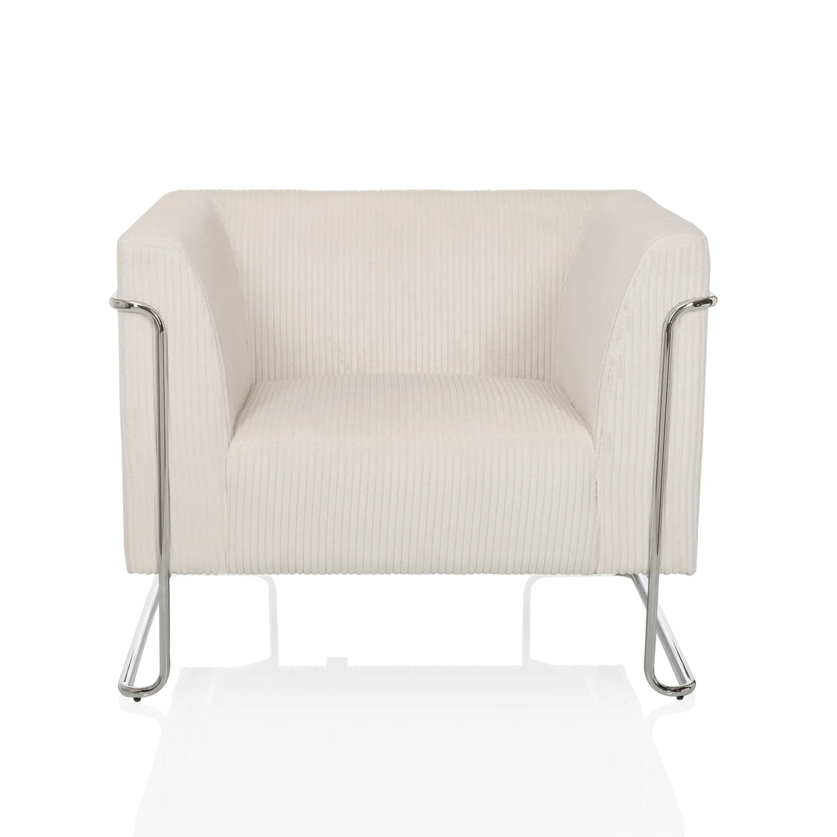 Poltrona Lounge Curacao Cord bianca con rivestimento a coste e struttura cromata di hjh LIVING – vista a 360° (vista frontale 0°)