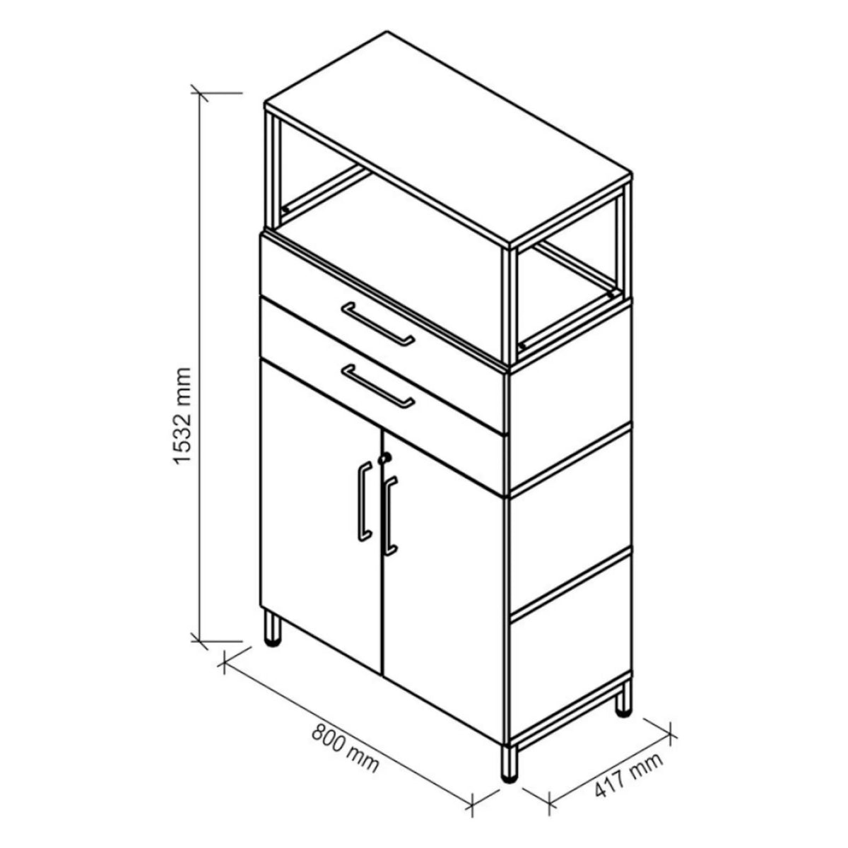 Disegno tecnico dell'armadio FlexWall con dimensioni 1532 × 800 mm di hjh OFFICE PRO