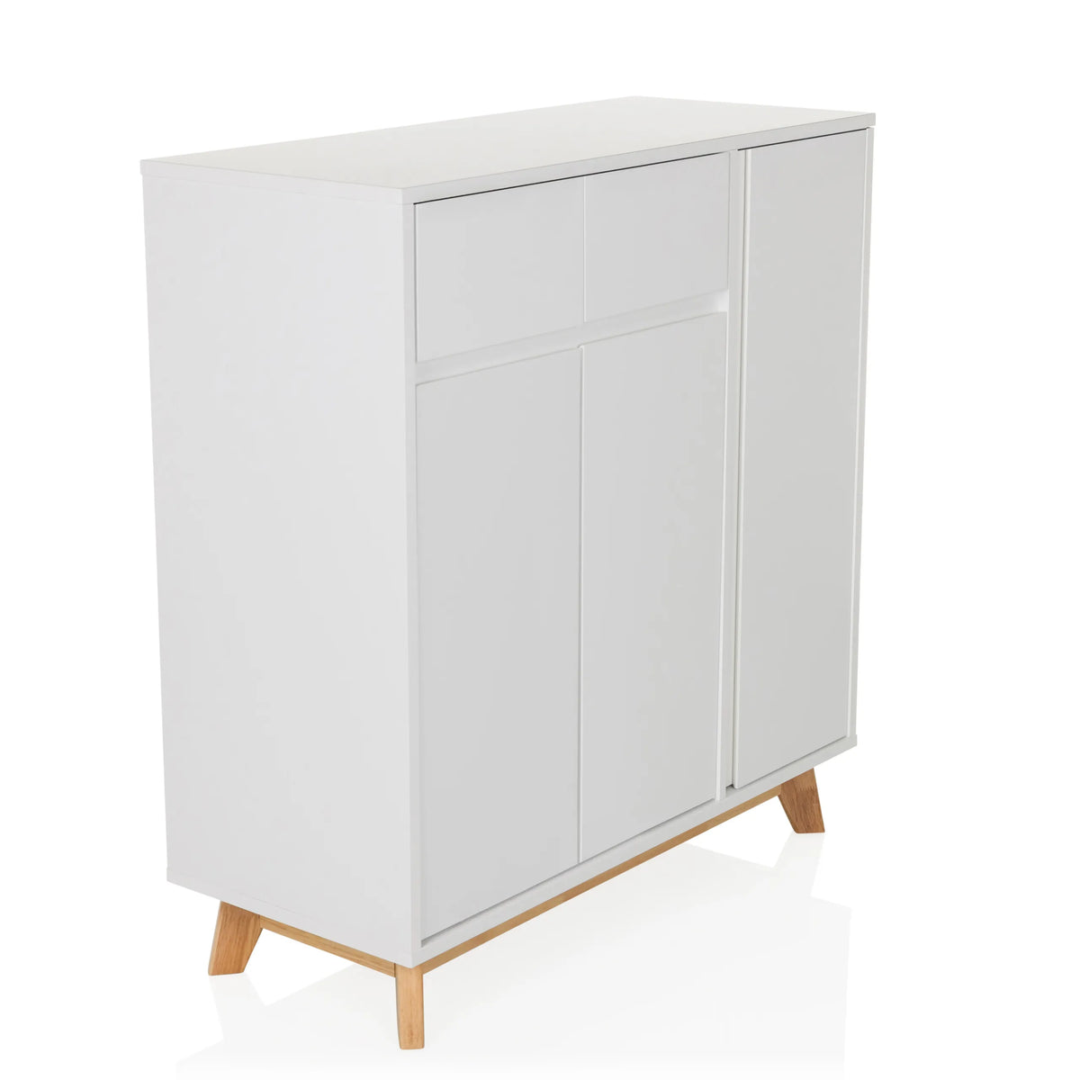Cassettiera bianca ESTHA con due cassetti, tre ante e piedi in legno chiaro di hjh LIVING – vista a 360° (vista frontale a tre quarti 45°)