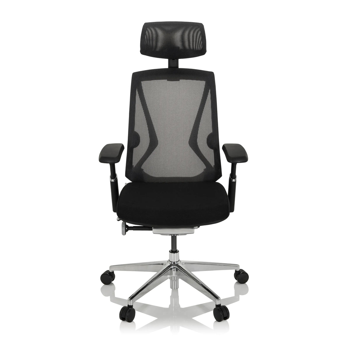 High-end Sedia da ufficio INSPERO nera con schienale in rete, poggiatesta e base a cinque ruote di hjh OFFICE – vista a 360° (vista frontale 0°)