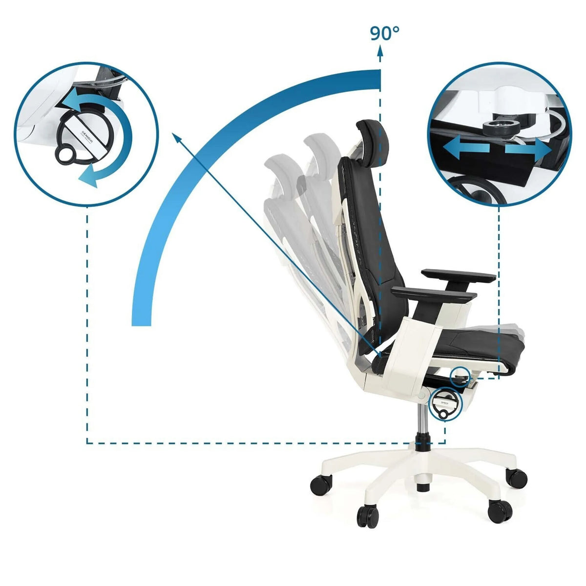 Schienale regolabile con posizione a 90° della High-end Sedia da ufficio GENIDIA PRO WHITE di hjh OFFICE