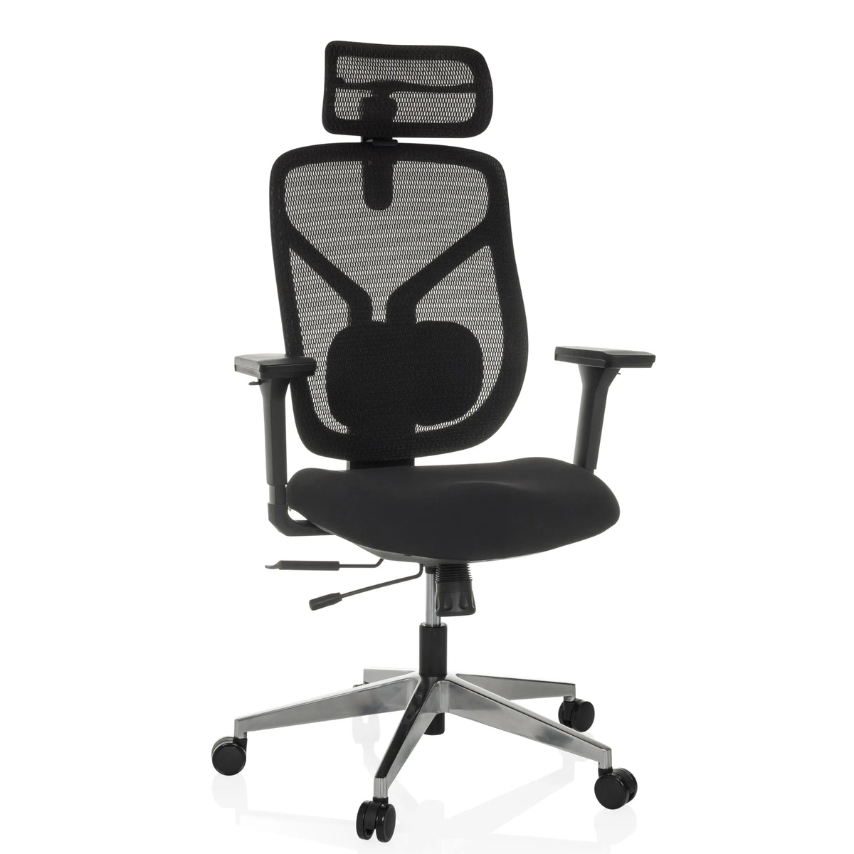 High-end Sedia da ufficio CASSILIS B nera con schienale in rete e base a cinque ruote di hjh OFFICE – vista a 360° (vista frontale 15°)