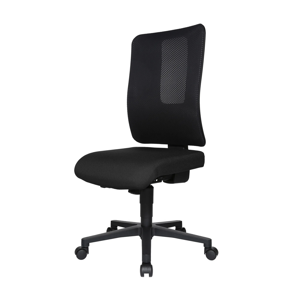 Sedia da ufficio professionale HJH WORK BASIC nera con schienale in rete e base a cinque ruote di Topstar – vista a 360° (vista frontale a tre quarti 300°)