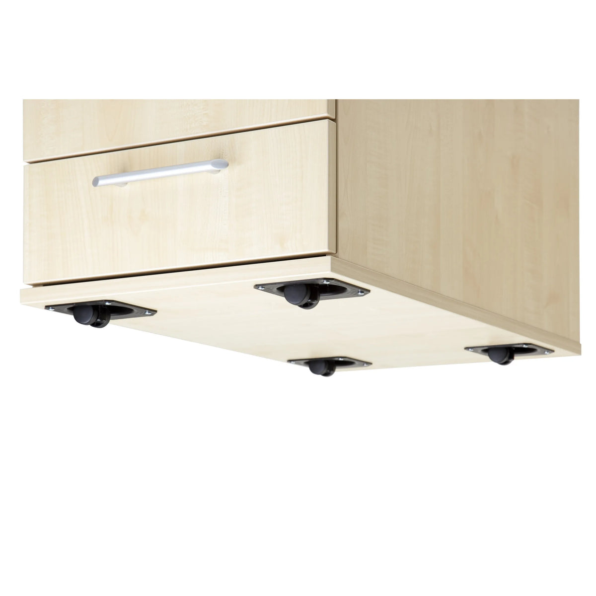 Parte inferiore con quattro ruote della Cassettiera con rotelle SIGNA TC20 effetto rovere di hjh OFFICE PRO