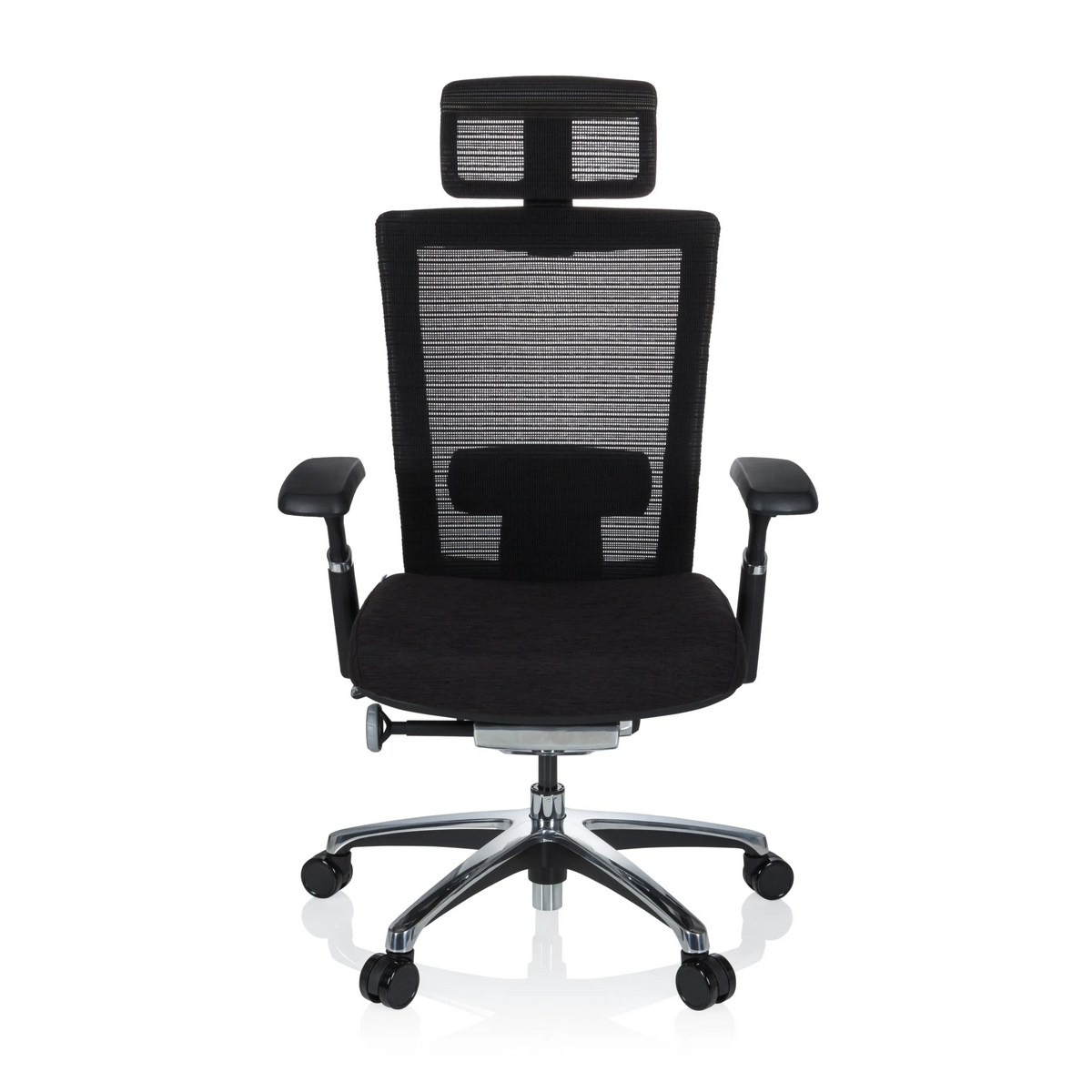 High-end Sedia da ufficio NOVA PRO I nera con schienale in rete e base a cinque ruote di hjh OFFICE – vista a 360° (vista frontale 0°)