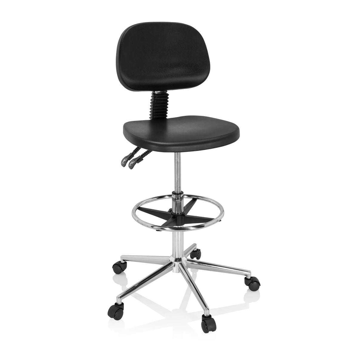 Sedia da banco nera TOP WORK 24 I con poggiapiedi e base a cinque ruote di hjh OFFICE – vista a 360° (vista frontale 20°)