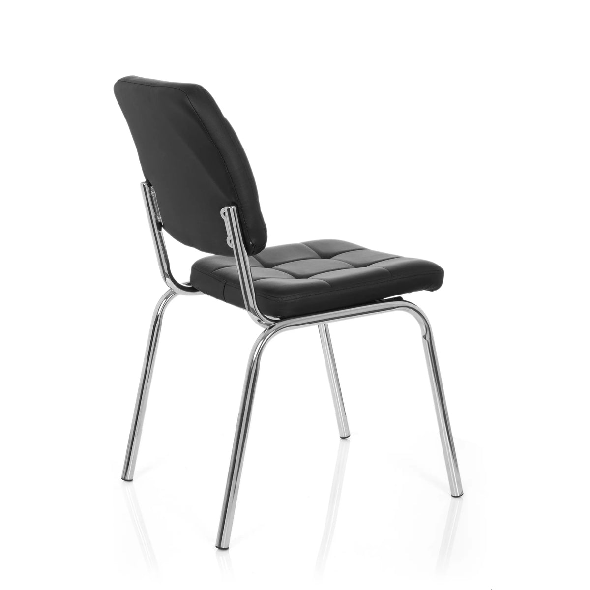 Sedia a quattro gambe PICENO V nera con imbottitura trapuntata e struttura in cromo di hjh OFFICE – vista a 360° (vista posteriore a tre quarti 120°)