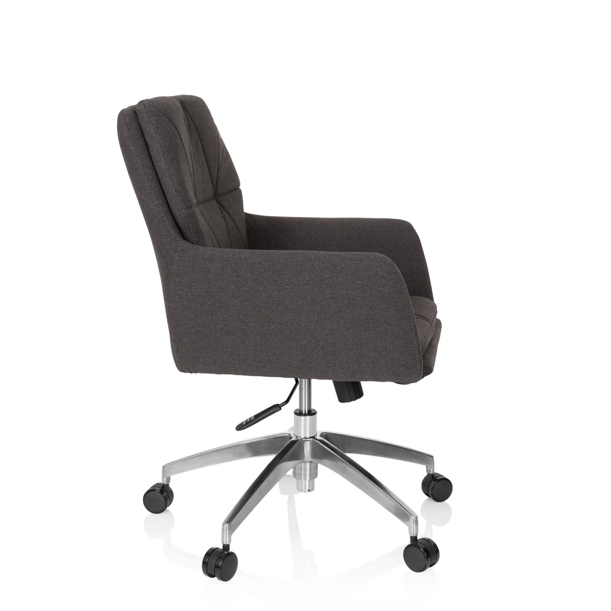 Sedia Home Office SHAKE 350 grigio scuro con motivo trapuntato e base a cinque ruote di hjh OFFICE – vista a 360° (profilo laterale 80°)