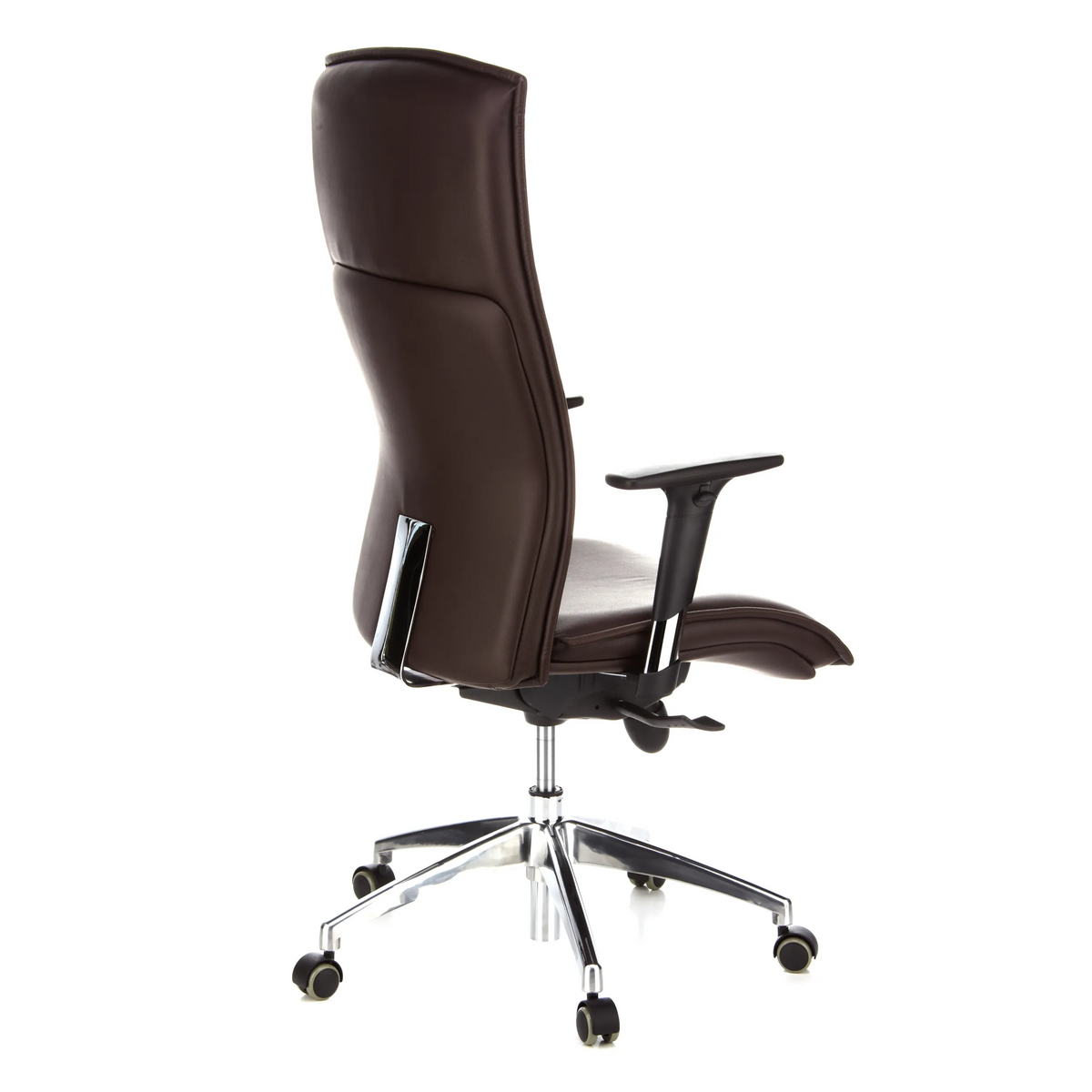 Poltrona di lusso MURANO 20 marrone scuro con braccioli e base a cinque ruote di hjh OFFICE – vista a 360° (vista posteriore a tre quarti 120°)