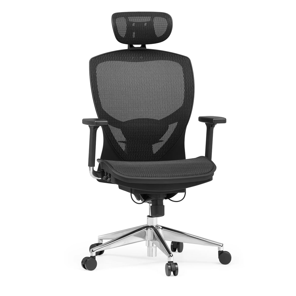 High-end Sedia da ufficio VENUS ONE nera con schienale in rete e base a cinque ruote di hjh OFFICE – vista a 360° (vista frontale 15°)