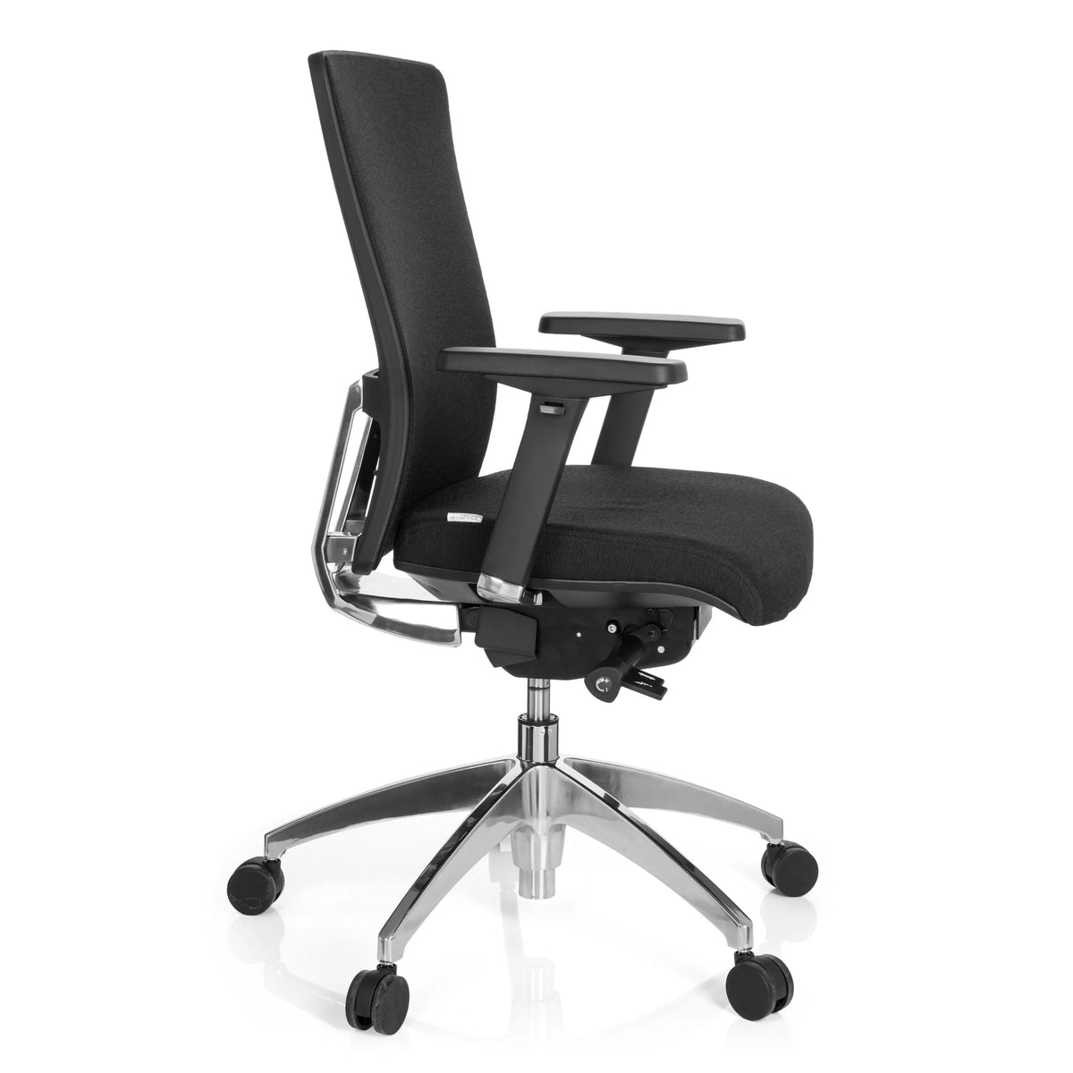 Sedia da ufficio professionale ASTRA BASE nera con braccioli e base a cinque ruote di hjh OFFICE – vista a 360° (profilo laterale 80°)