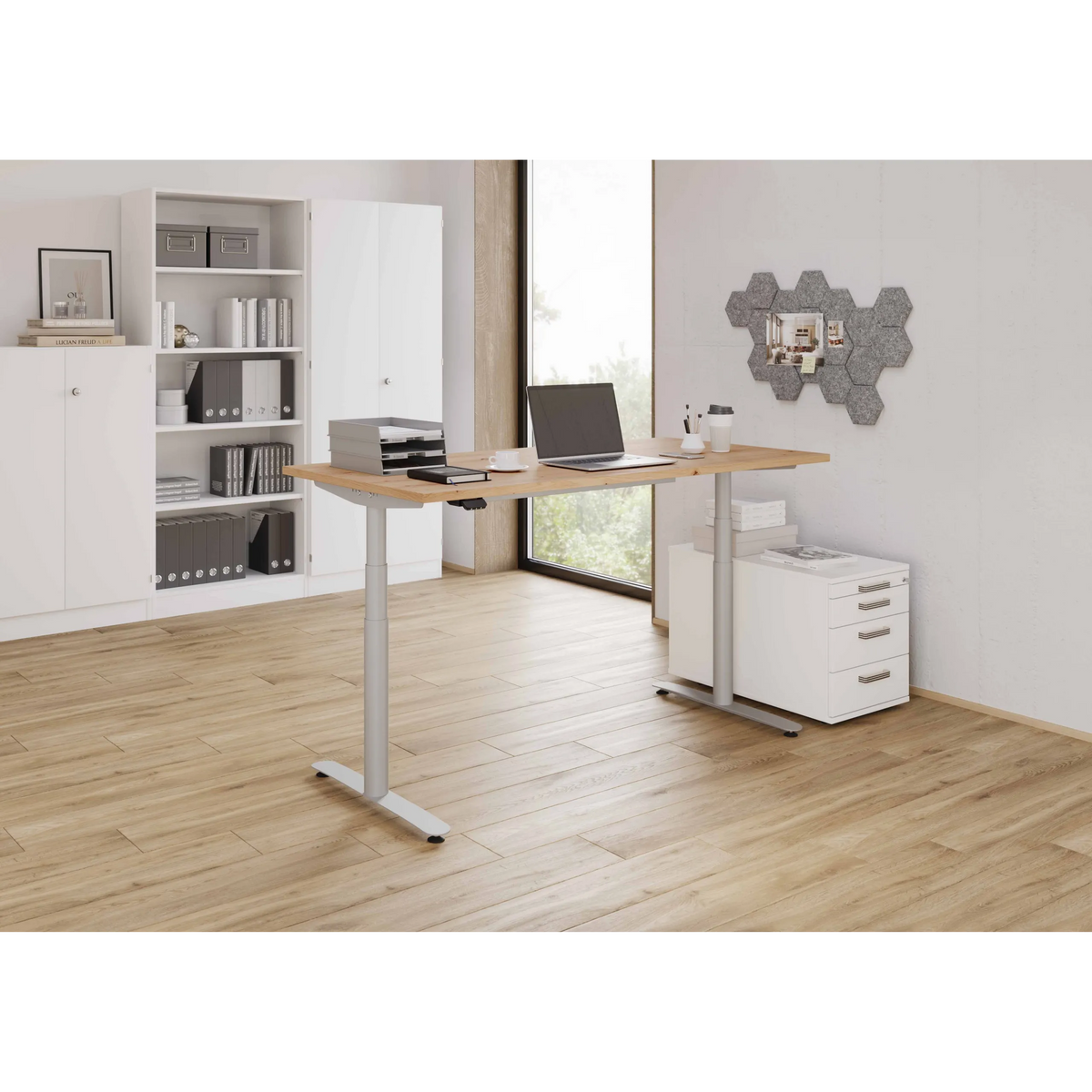 Scrivania regolabile elettricamente in altezza XDLR 16 S in rovere rustico, dimensioni 160 x 80 cm, di hjh OFFICE PRO