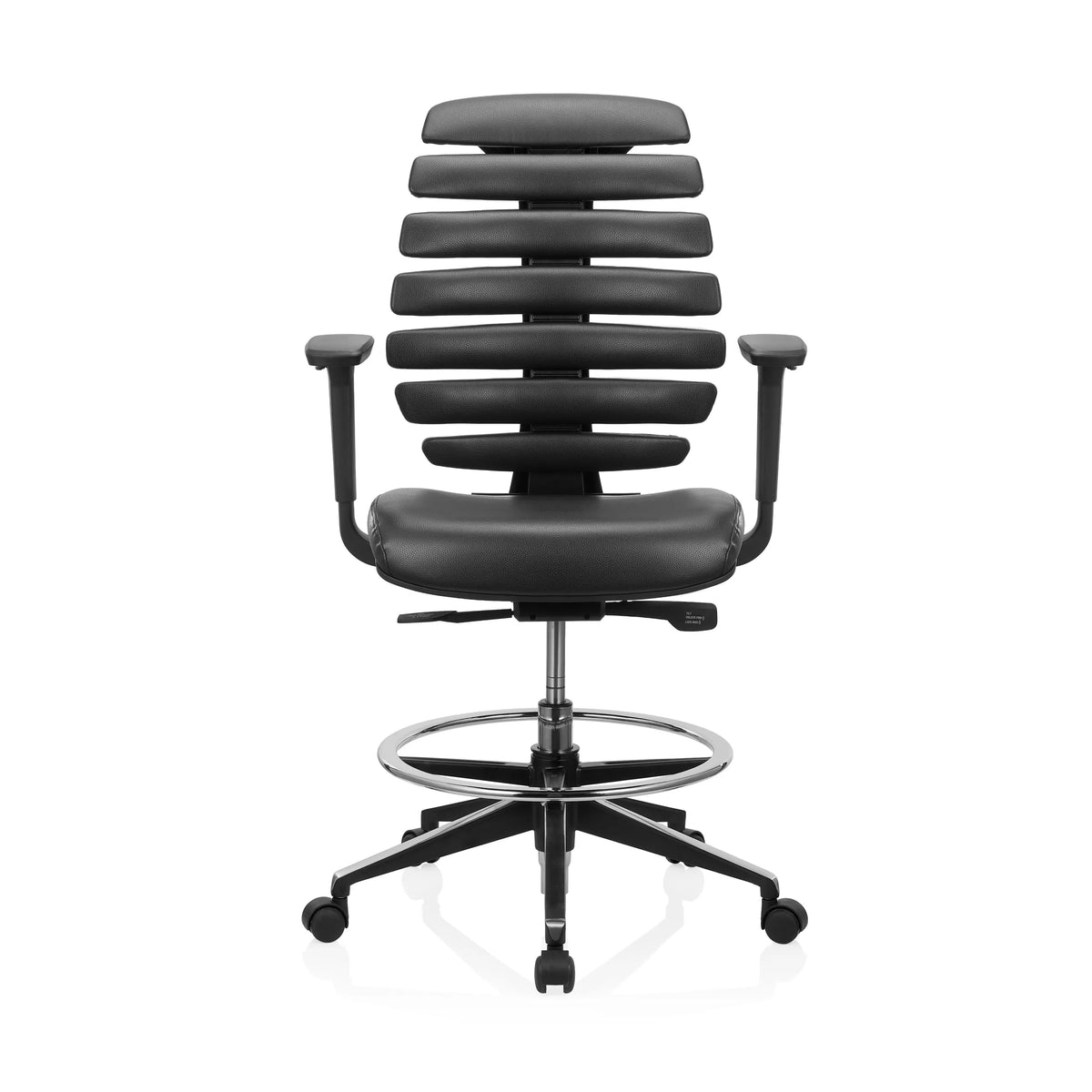 Sedia da banco ERGO LINE II WORK nera in ecopelle con poggiapiedi e base a cinque ruote di hjh OFFICE – vista a 360° (vista frontale 0°)