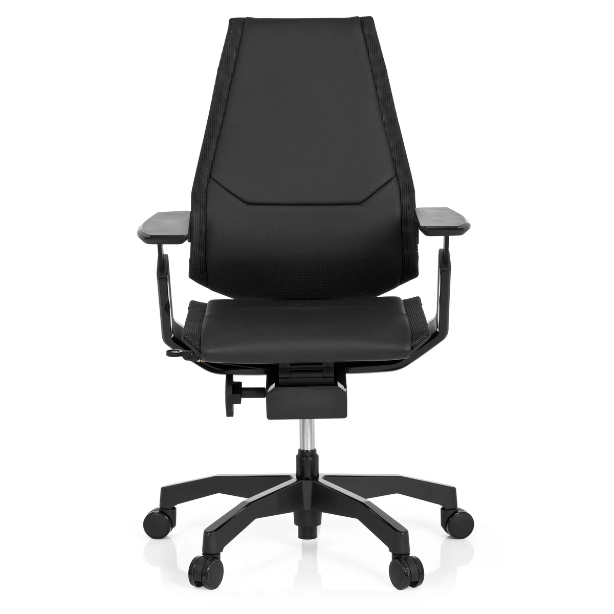 High-end Sedia da ufficio GENIDIA BLACK in pelle nera con braccioli e base a cinque ruote di hjh OFFICE – vista a 360° (vista frontale 0°)