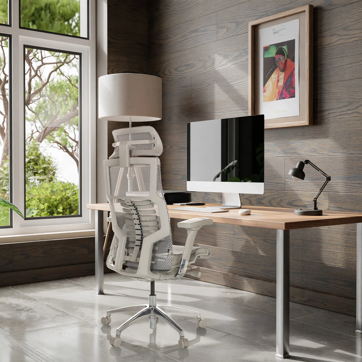 High-end Sedia da ufficio POFIT G GEN2 grigio chiaro con schienale in rete e poggiatesta di hjh OFFICE