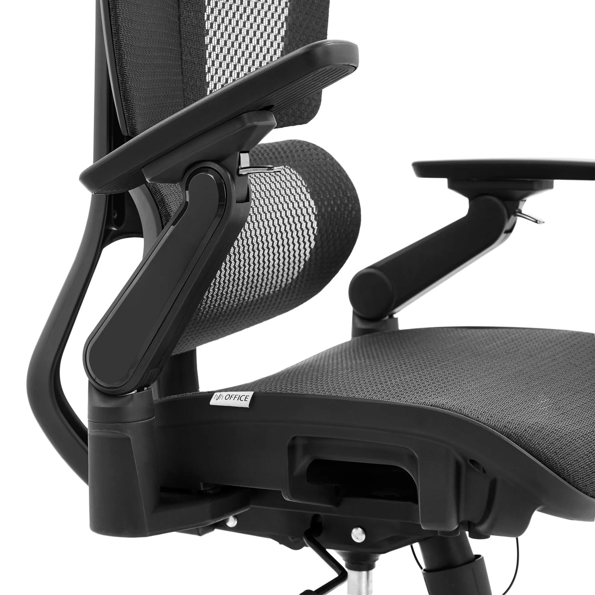 Bracciolo regolabile della sedia da ufficio professionale Ergo U2 Pro3 con schienale in rete nero di hjh OFFICE