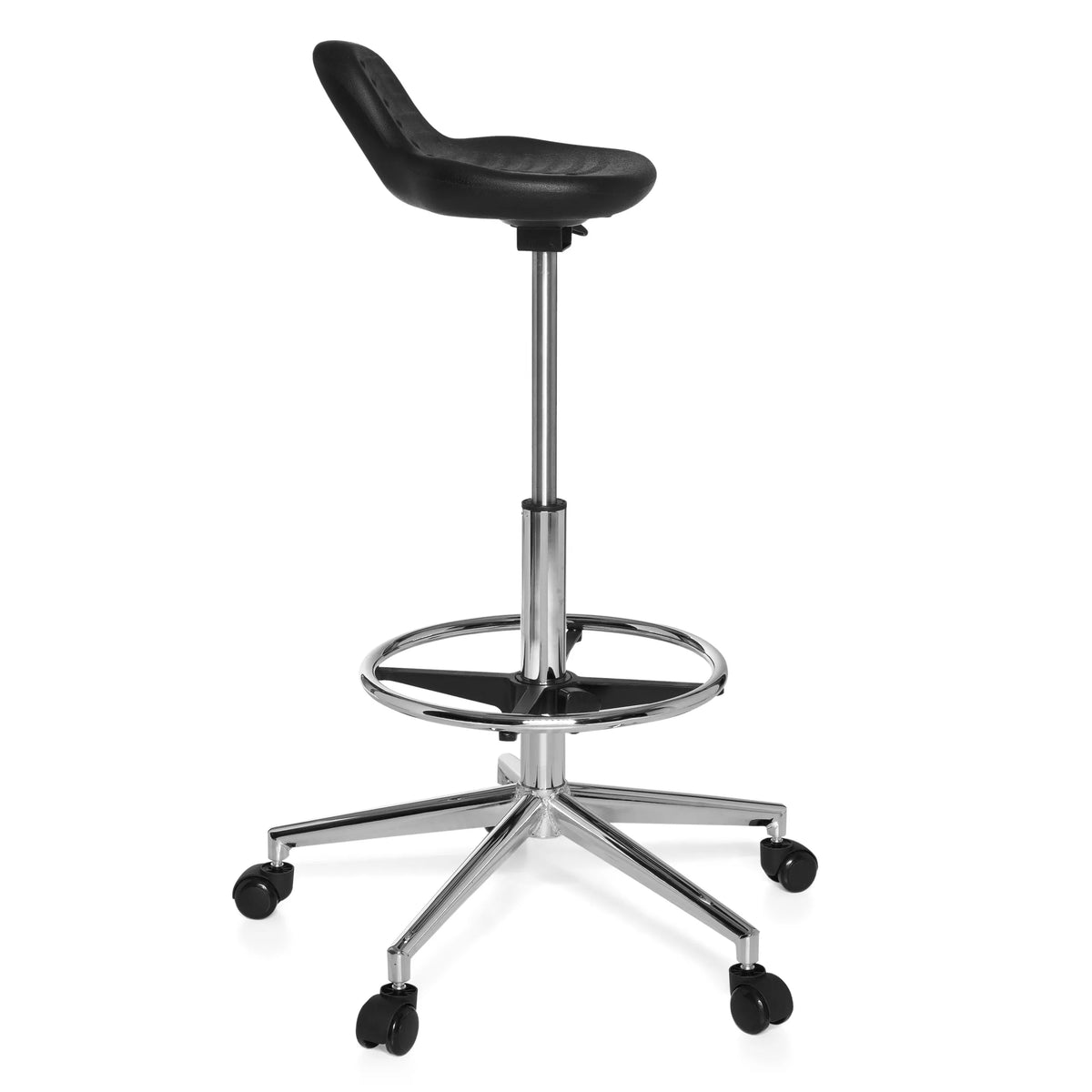 Sgabello girevole nero TOP WORK 03 con poggiapiedi e base a cinque ruote di hjh OFFICE – vista a 360° (profilo laterale 80°)
