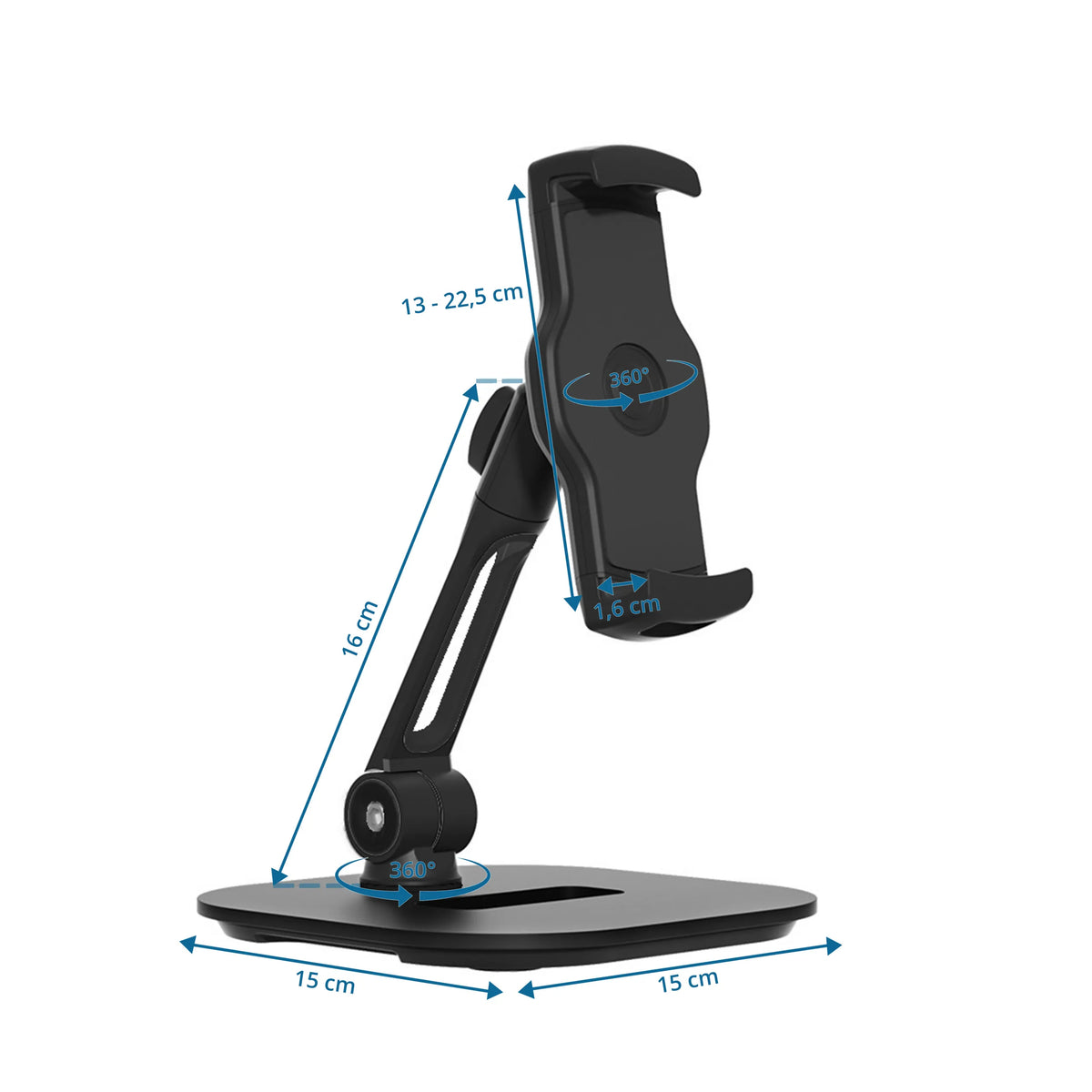 Disegno tecnico del Supporto per cellulare e tablet FLEXMOBI IV con base 15 × 15 cm di hjh OFFICE